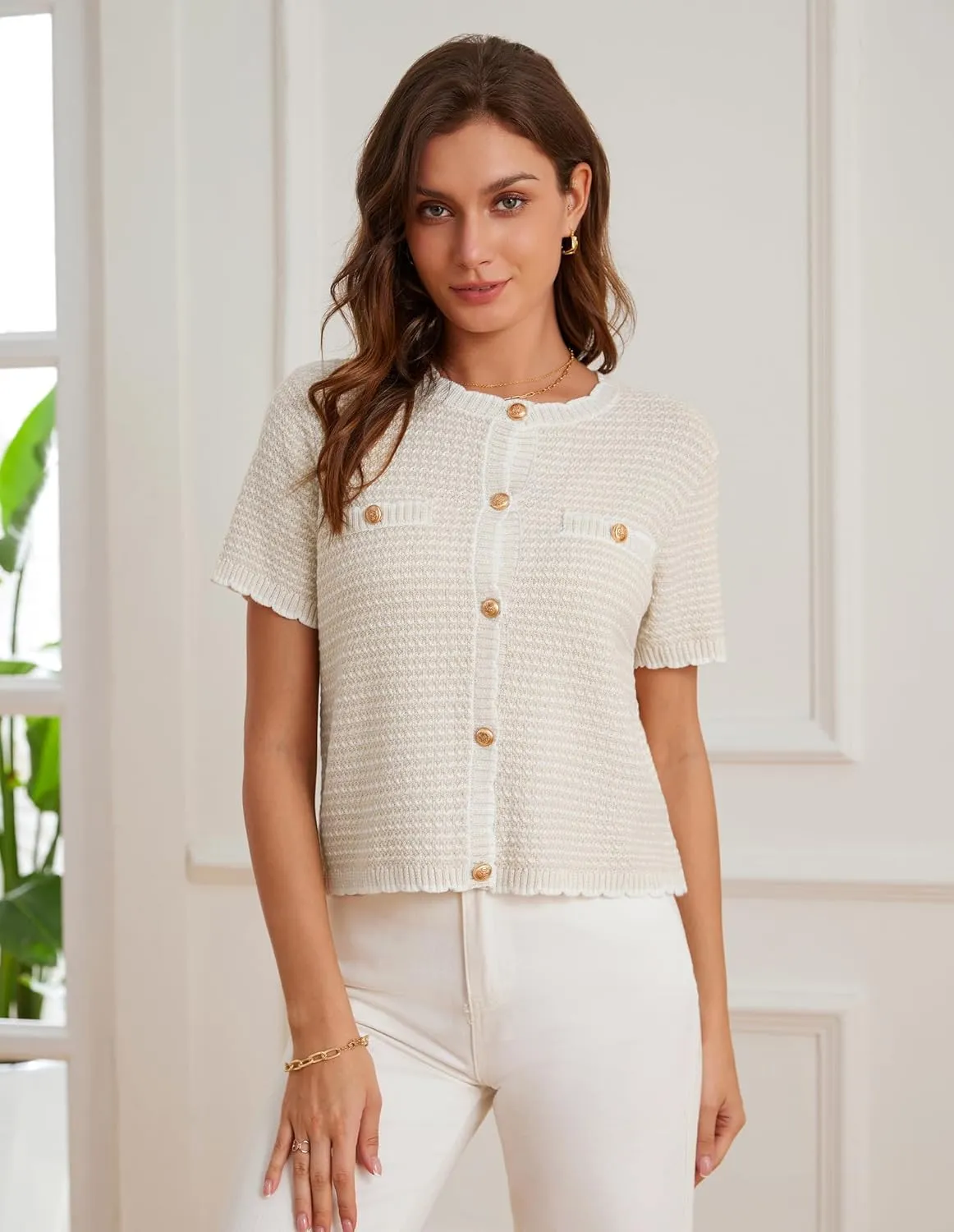 GRACE KARIN Women's 2025 Summer Striped Cardigan Sweaters Casual Short Sleeve Open Front Button Down Knit Sweater Tops