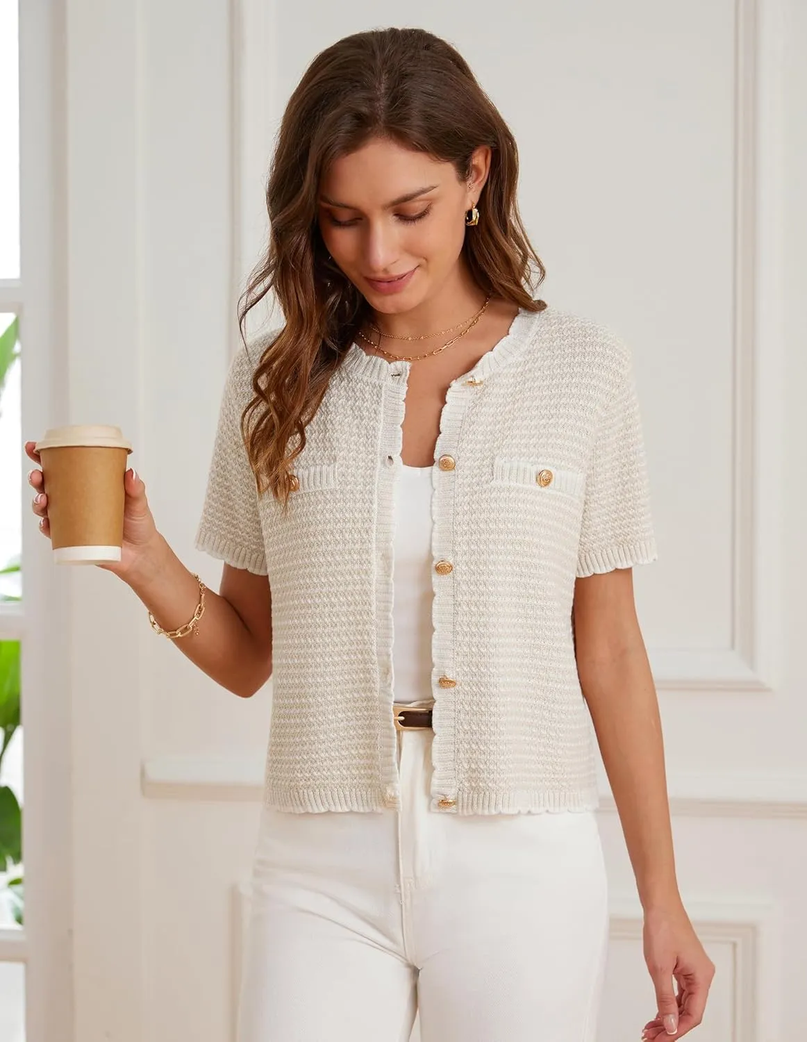 GRACE KARIN Women's 2025 Summer Striped Cardigan Sweaters Casual Short Sleeve Open Front Button Down Knit Sweater Tops