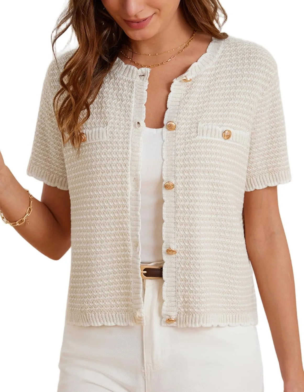 GRACE KARIN Women's 2025 Summer Striped Cardigan Sweaters Casual Short Sleeve Open Front Button Down Knit Sweater Tops