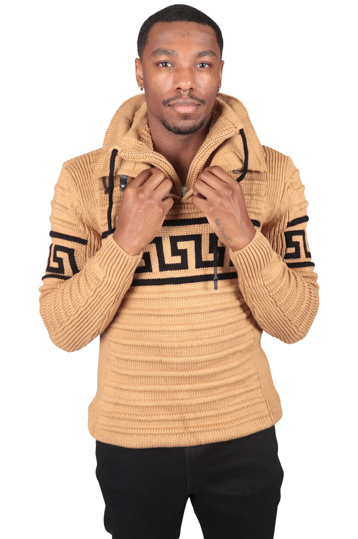 Greek Style Ribbed Fitted Sweater, Tan or Red