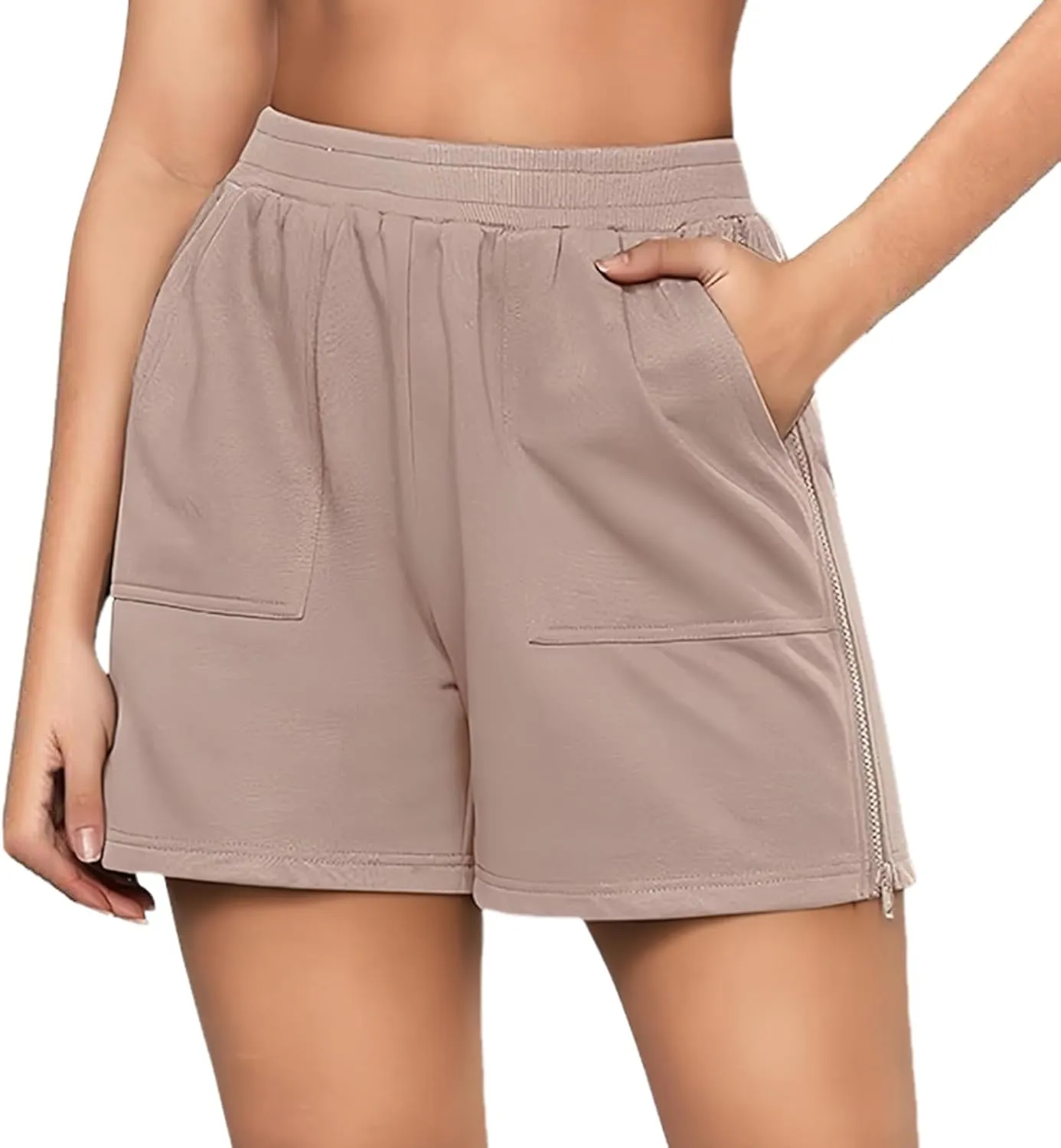 High Waisted Zipper Sweat Shorts for Women Summer Sports Casual Loose Fit Bermuda Yoga Walking Athletic Shorts