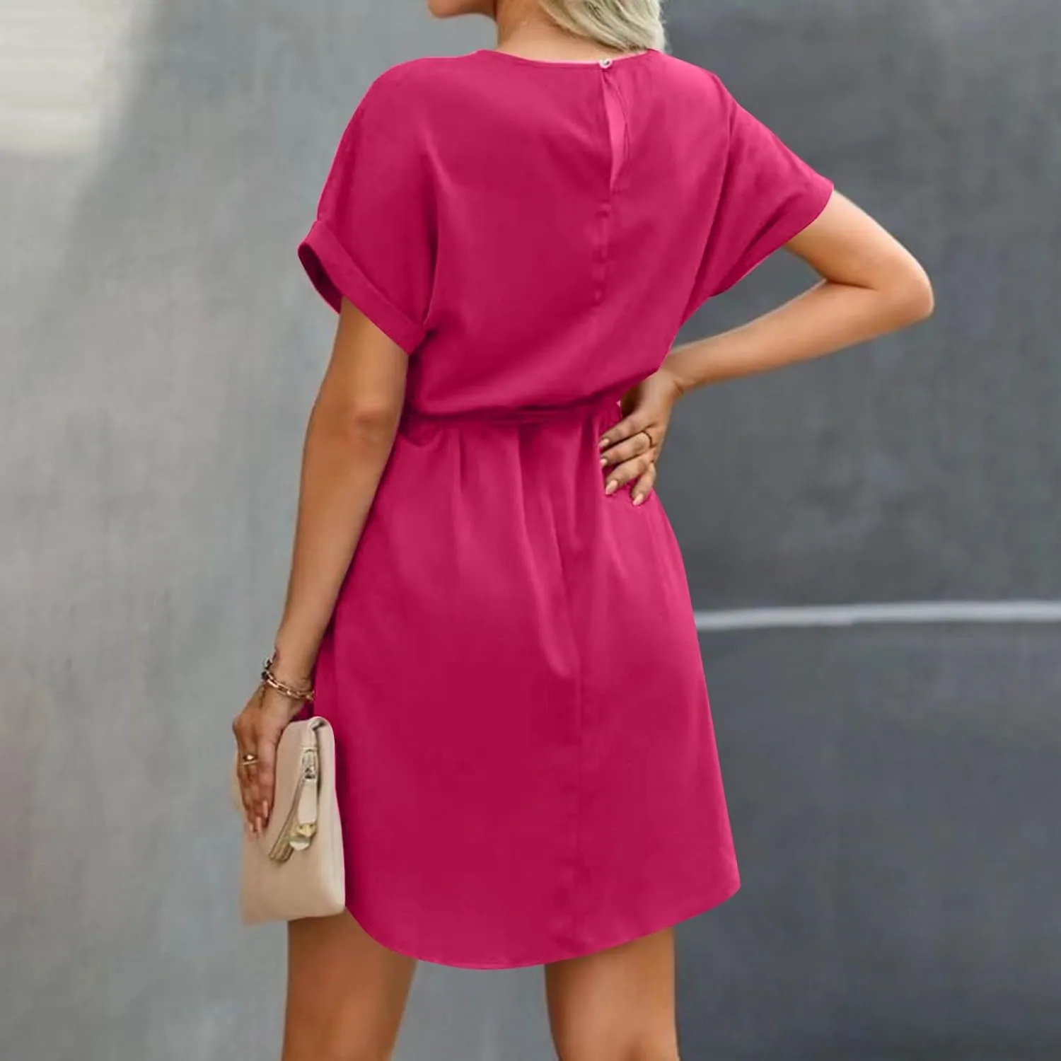 hlysgo Mini Dresses for Women Casual Loose Fit Short Sleeve Crew Neck Party Dress Trendy Silk Satin Tie-Belt Going Out Dress