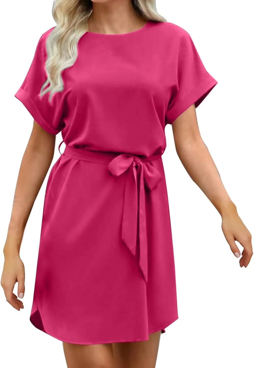 hlysgo Mini Dresses for Women Casual Loose Fit Short Sleeve Crew Neck Party Dress Trendy Silk Satin Tie-Belt Going Out Dress