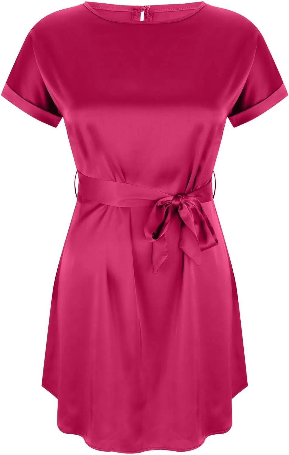 hlysgo Mini Dresses for Women Casual Loose Fit Short Sleeve Crew Neck Party Dress Trendy Silk Satin Tie-Belt Going Out Dress