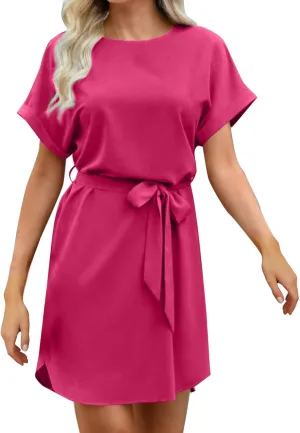 hlysgo Mini Dresses for Women Casual Loose Fit Short Sleeve Crew Neck Party Dress Trendy Silk Satin Tie-Belt Going Out Dress