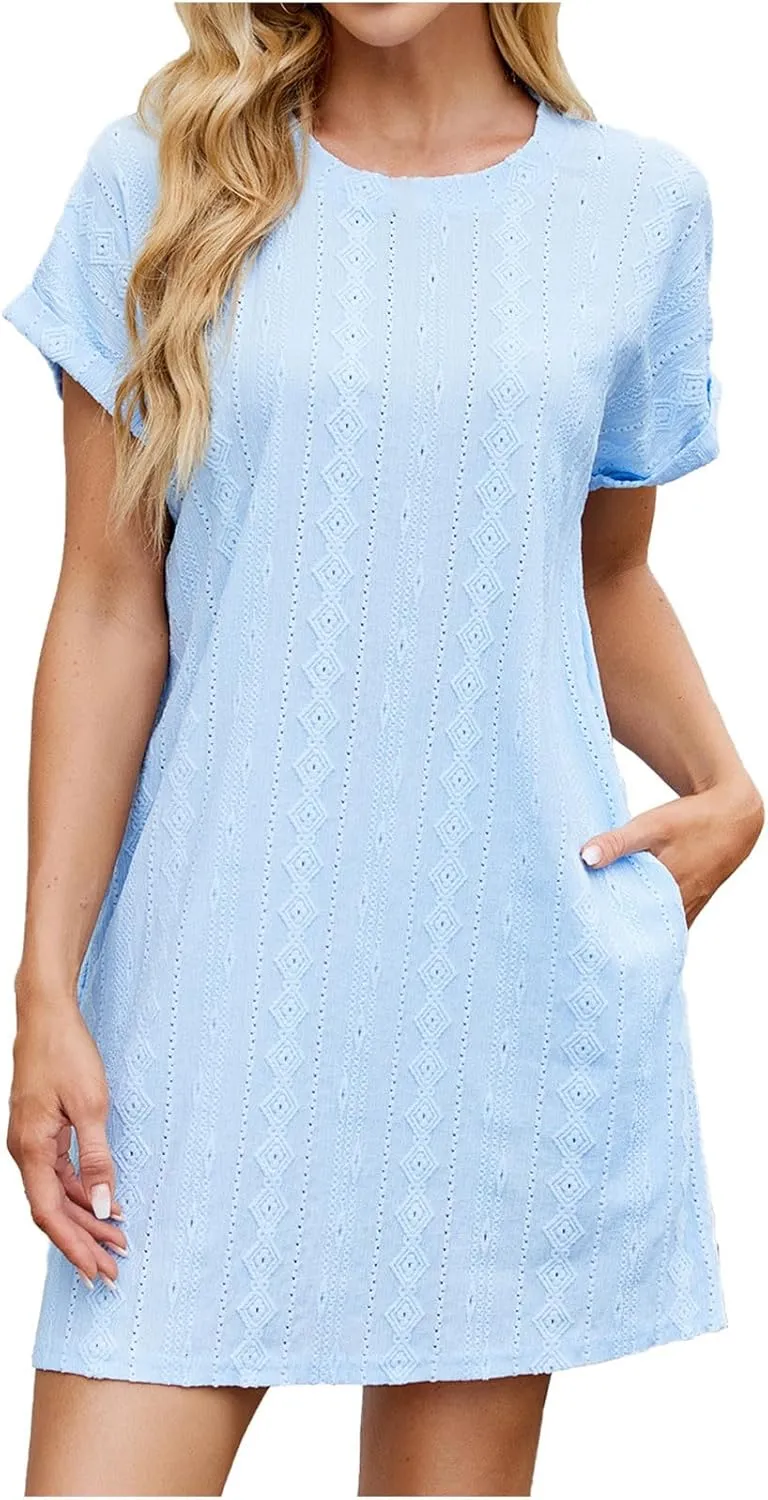 hlysgo T-Shirt Dresses for Women 2025 Summer Short Sleeve Crew Neck Mini Dress Casual Loose Fit Going Out Dress with Pockets