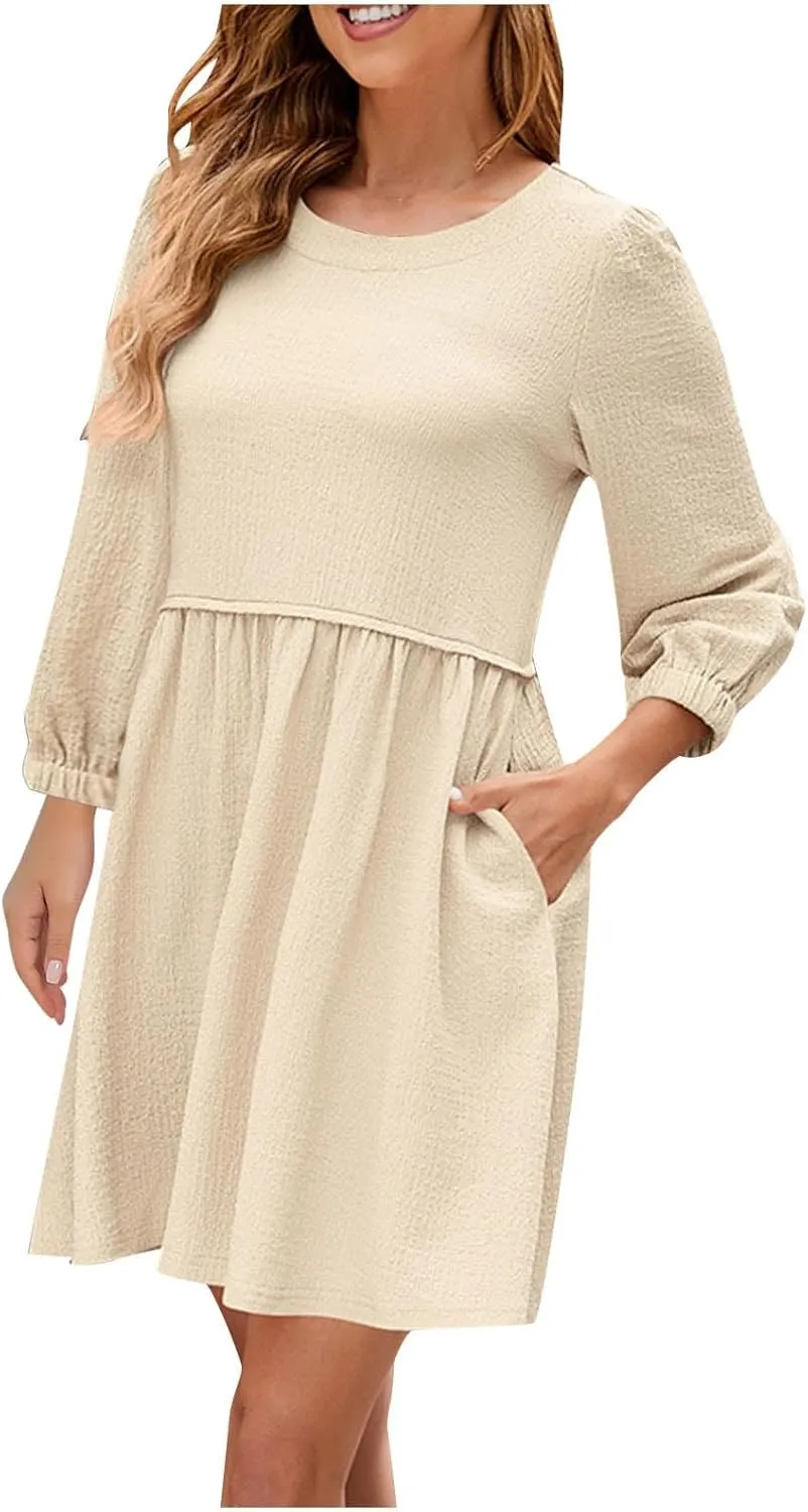hlysgo Women's Casual Dresses Summer Loose Fit Vacation Mini Dress Trendy 3/4 Sleeve Crew Neck Beach Dress with Pockets