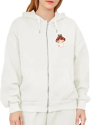 KEEVICI Cute Mushroom Frog Zip Up Hoodies for Teen Girls Oversized Y2k Cottagecore Aesthetic Sweatshirt Cotton Zipper Hoodie