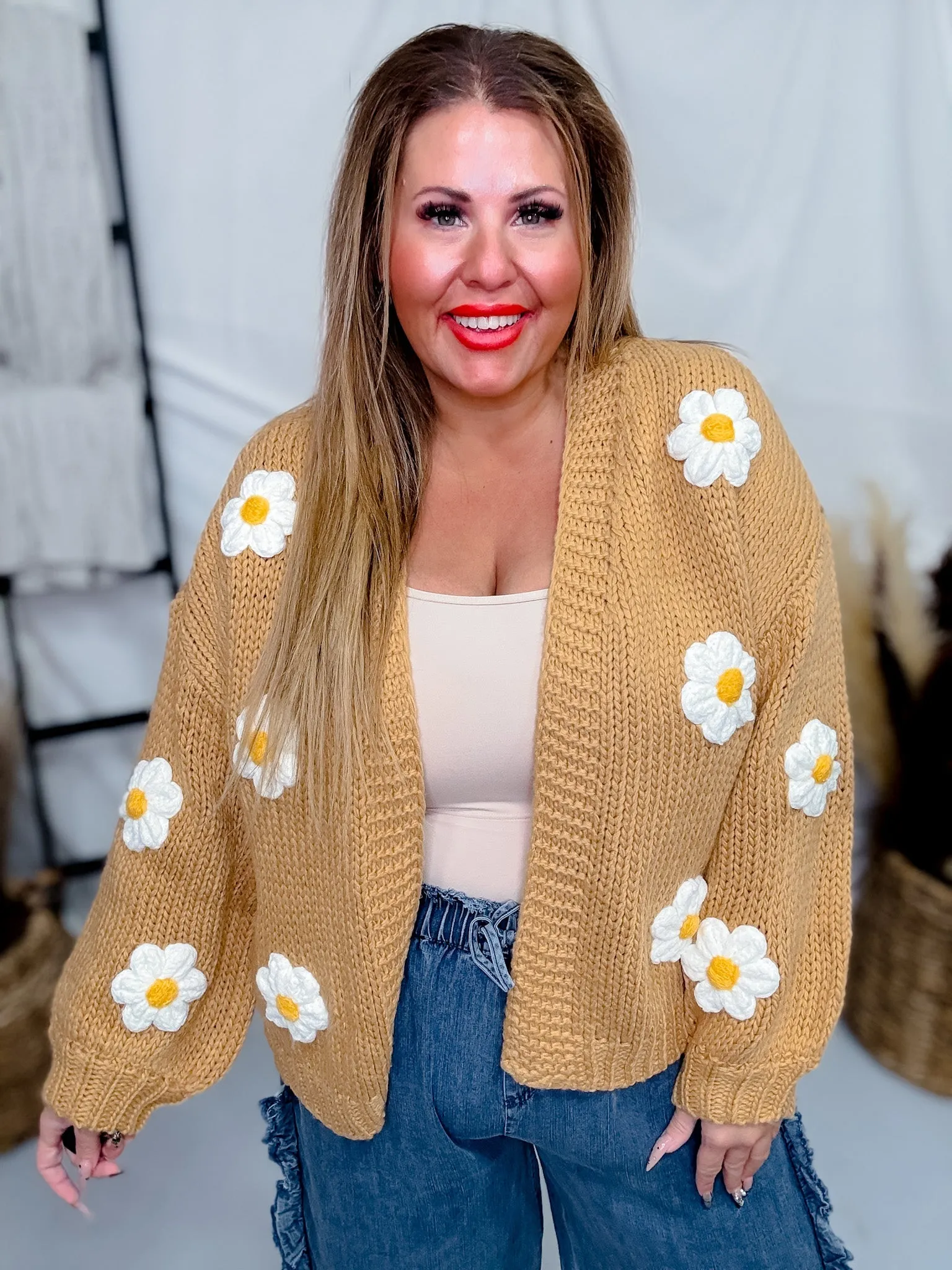 Knit Cardigan with Daisies in Camel Brown