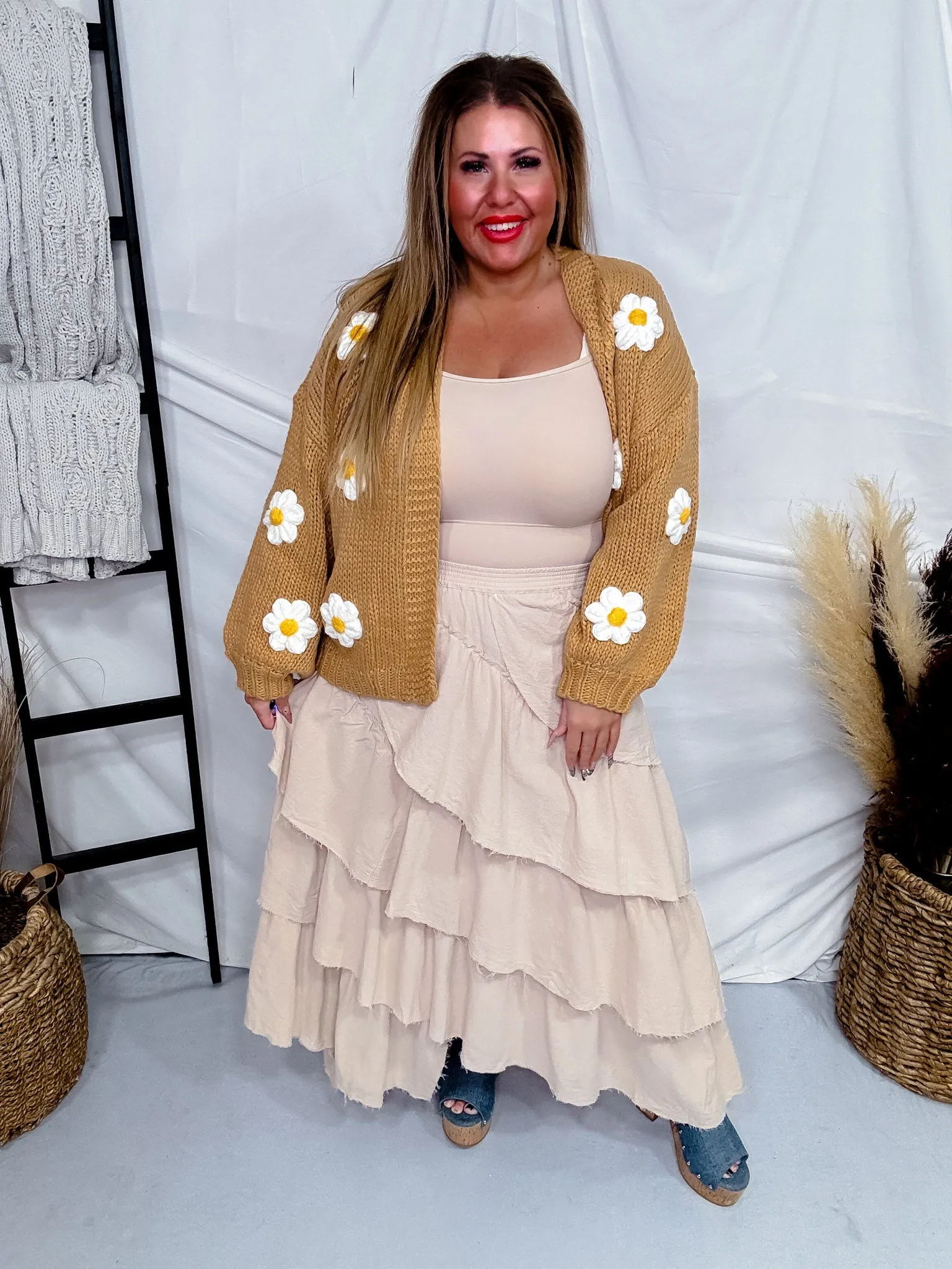 Knit Cardigan with Daisies in Camel Brown