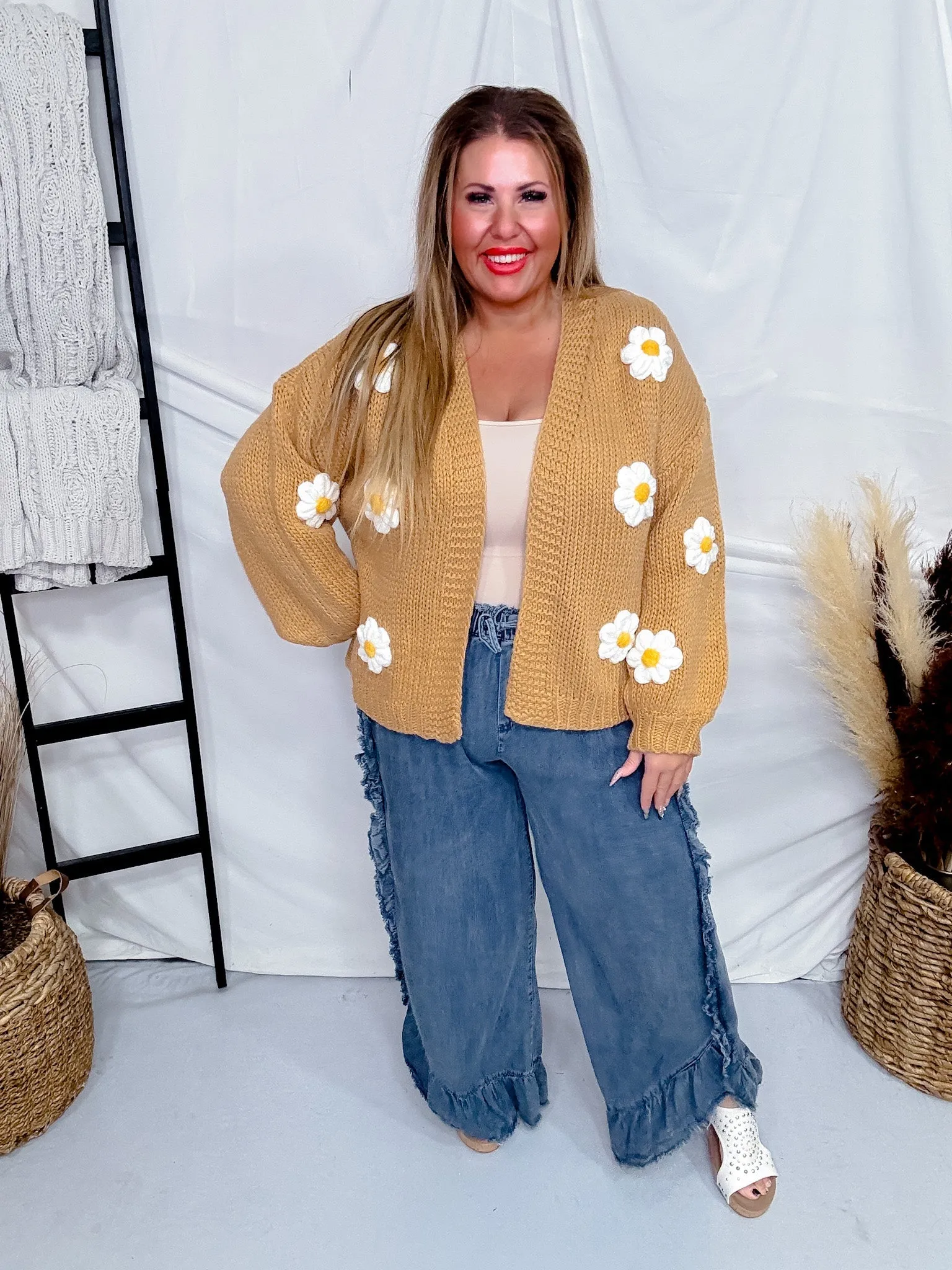Knit Cardigan with Daisies in Camel Brown