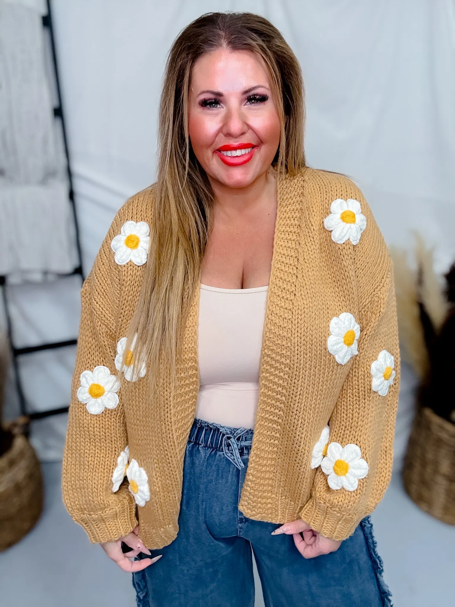 Knit Cardigan with Daisies in Camel Brown