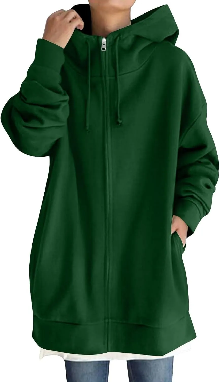 Long Zip Up Hoodies for Women Casual Long Sleeve Hooded Fleece Jackets Loose Fit Tunic Fall Sweatshirts with Pockets