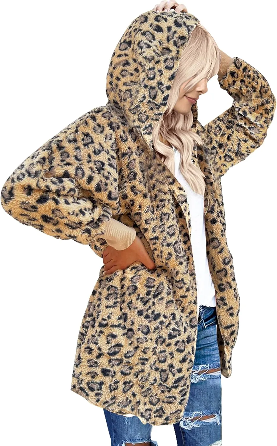 LookbookStore Womens Cardigan 2024 Winter Oversized Open Front Fleece Hooded Draped Pockets Jacket Coats