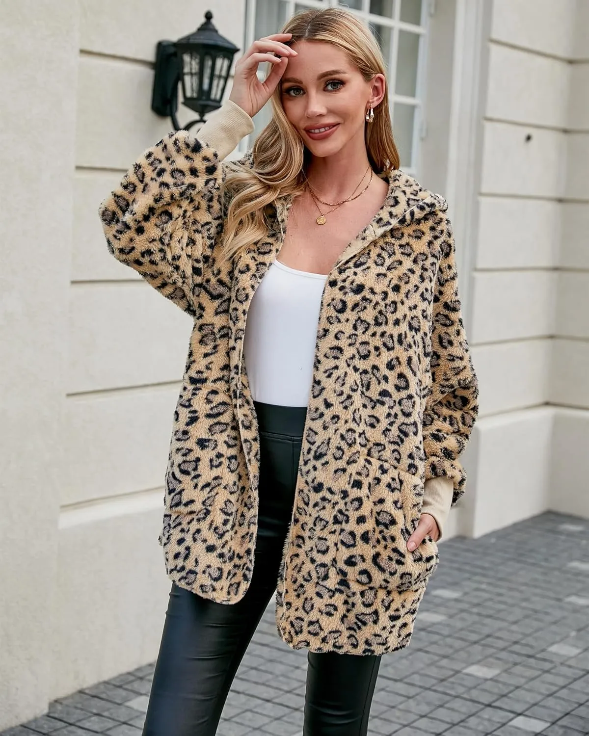 LookbookStore Womens Cardigan 2024 Winter Oversized Open Front Fleece Hooded Draped Pockets Jacket Coats
