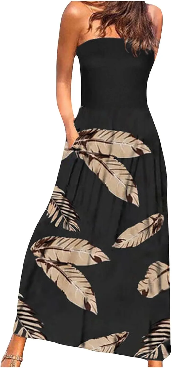Lpmadey Women's 2024 Summer Bohemian Floral Printed Strapless Beach Party Long Maxi Dress Bandeau Sundress with Pockets