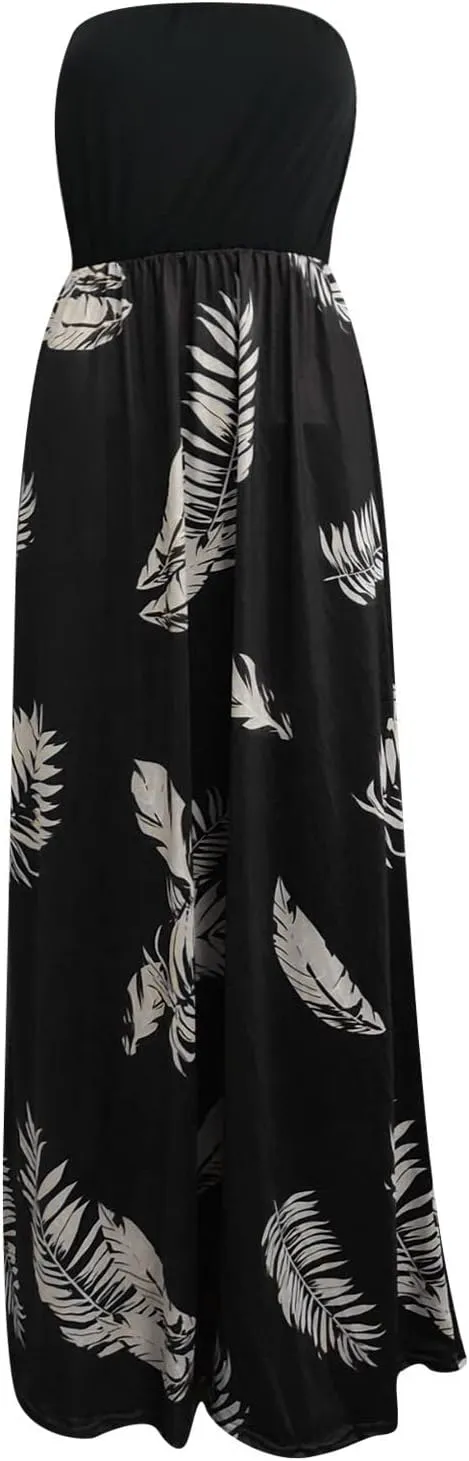 Lpmadey Women's 2024 Summer Bohemian Floral Printed Strapless Beach Party Long Maxi Dress Bandeau Sundress with Pockets