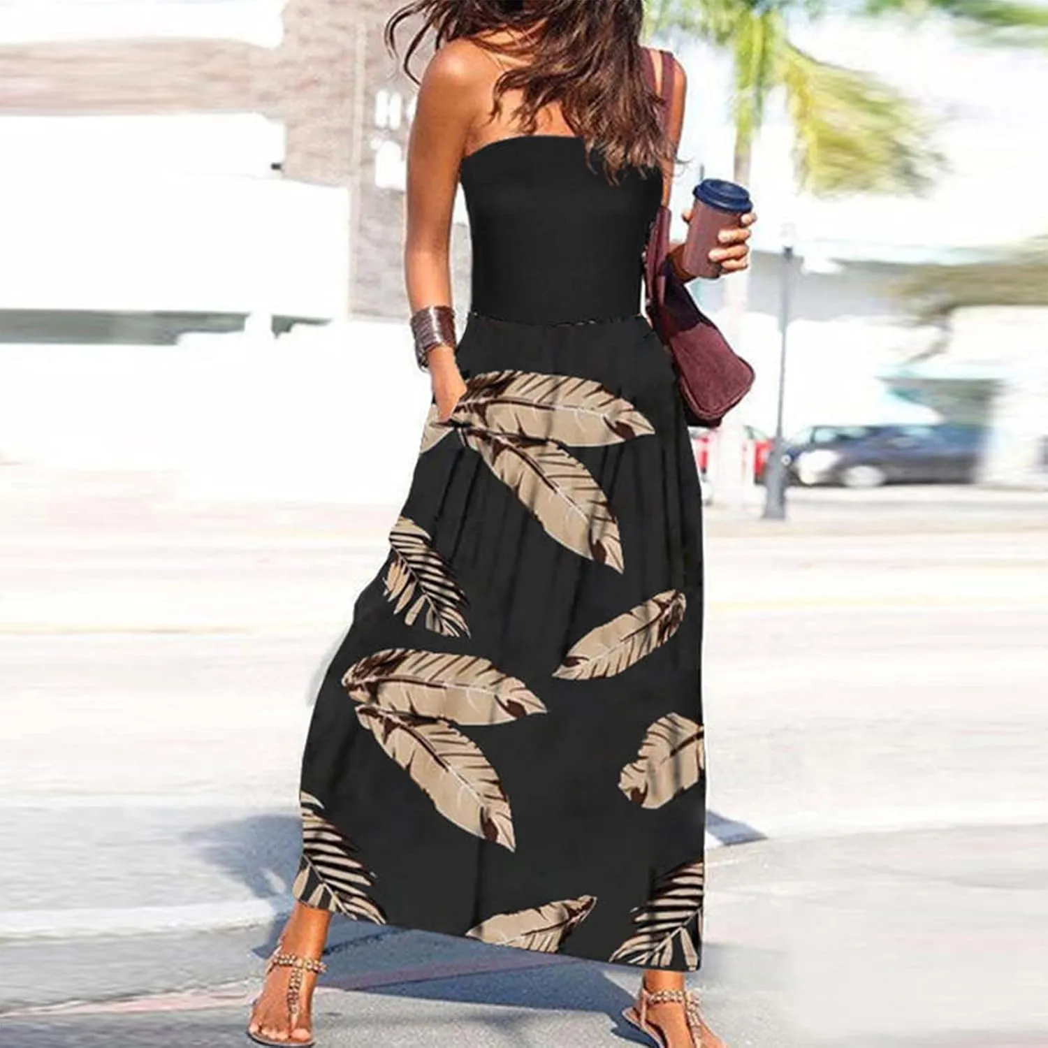 Lpmadey Women's 2024 Summer Bohemian Floral Printed Strapless Beach Party Long Maxi Dress Bandeau Sundress with Pockets