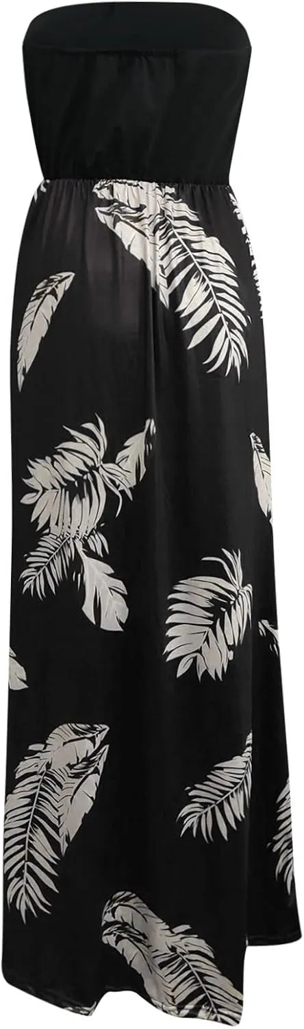 Lpmadey Women's 2024 Summer Bohemian Floral Printed Strapless Beach Party Long Maxi Dress Bandeau Sundress with Pockets