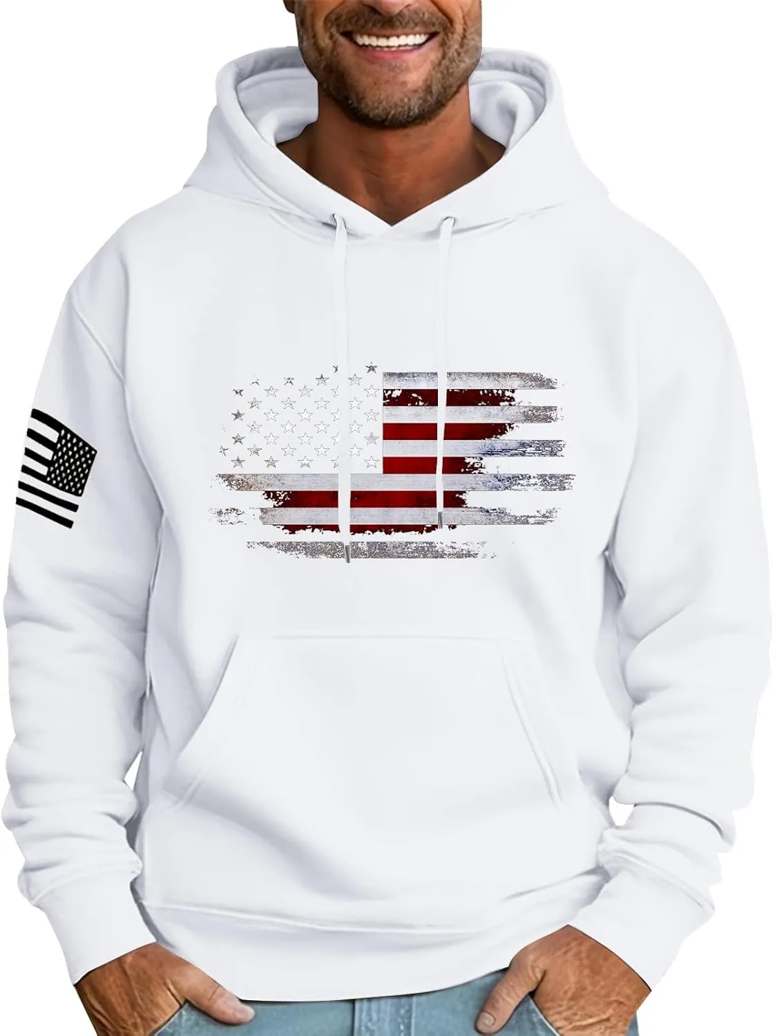 Men Big and Tall Hoodie Long Sleeve USA Flag Graphic Printed Patriotic Hooded Sweatshirt with Pocket