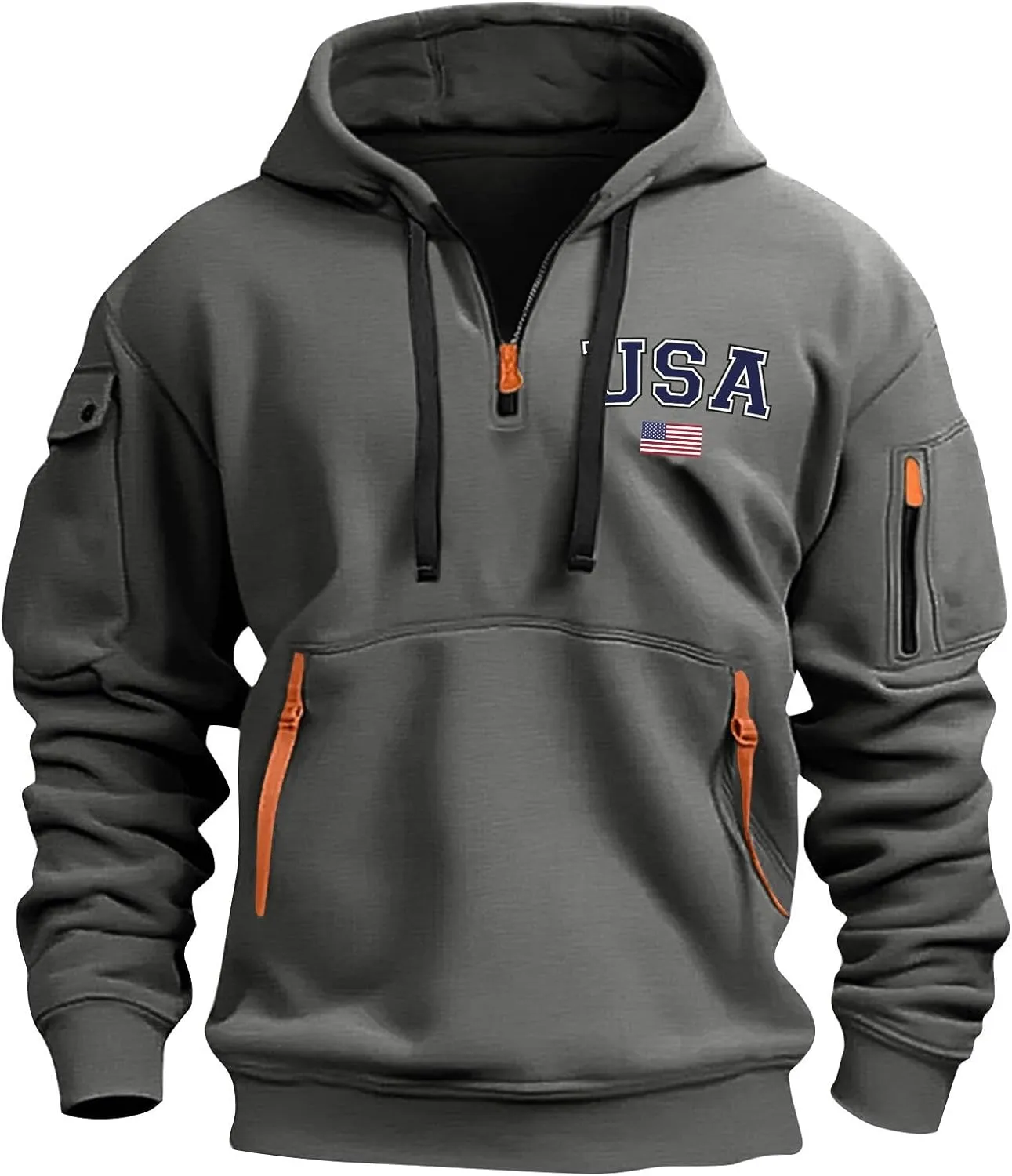 Men'S 1/4 Zip-Up Hoodies With Pockets Featuring A Pullover Design And An American Flag Print Hoodie Top