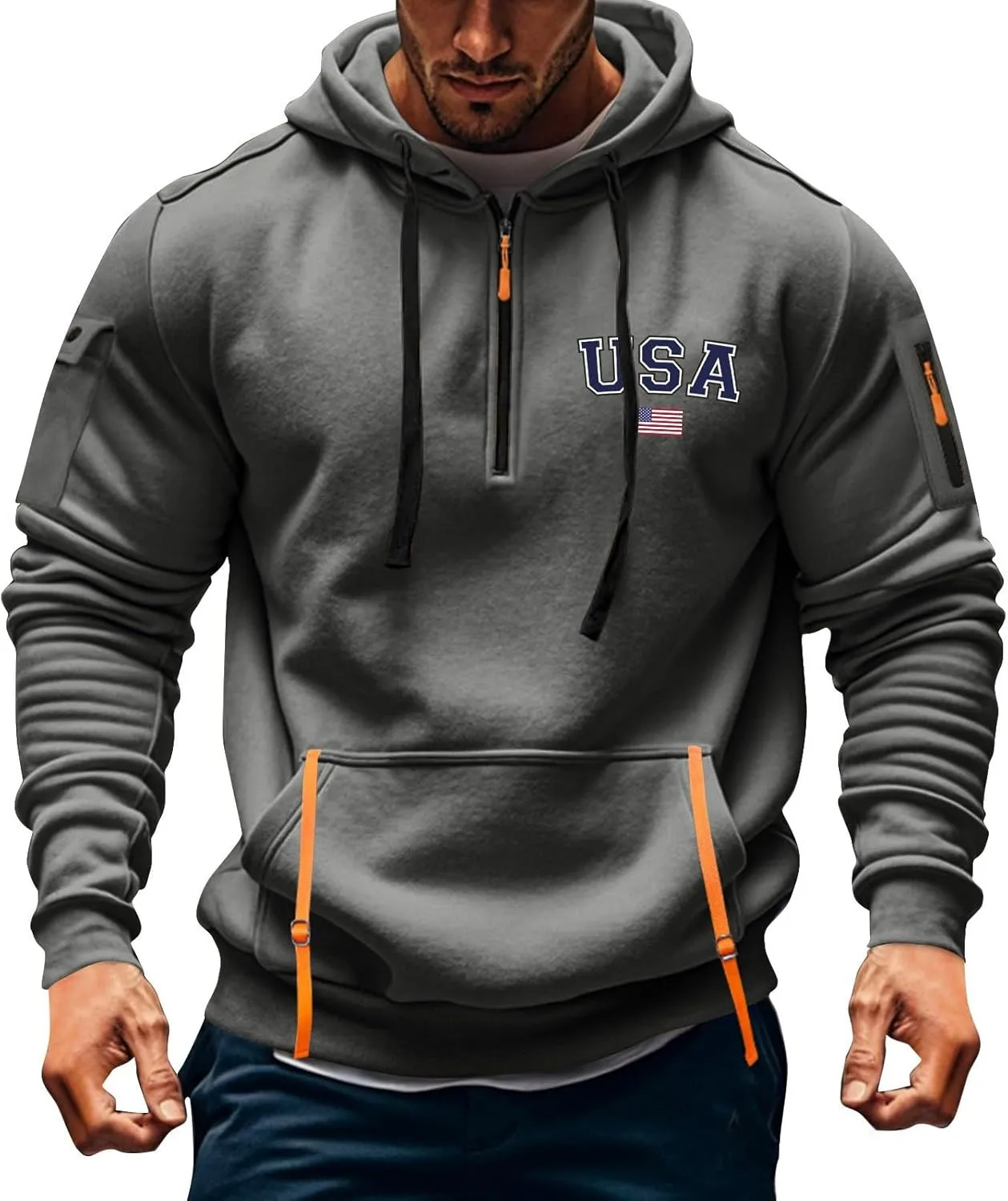 Men'S 1/4 Zip-Up Hoodies With Pockets Featuring A Pullover Design And An American Flag Print Hoodie Top