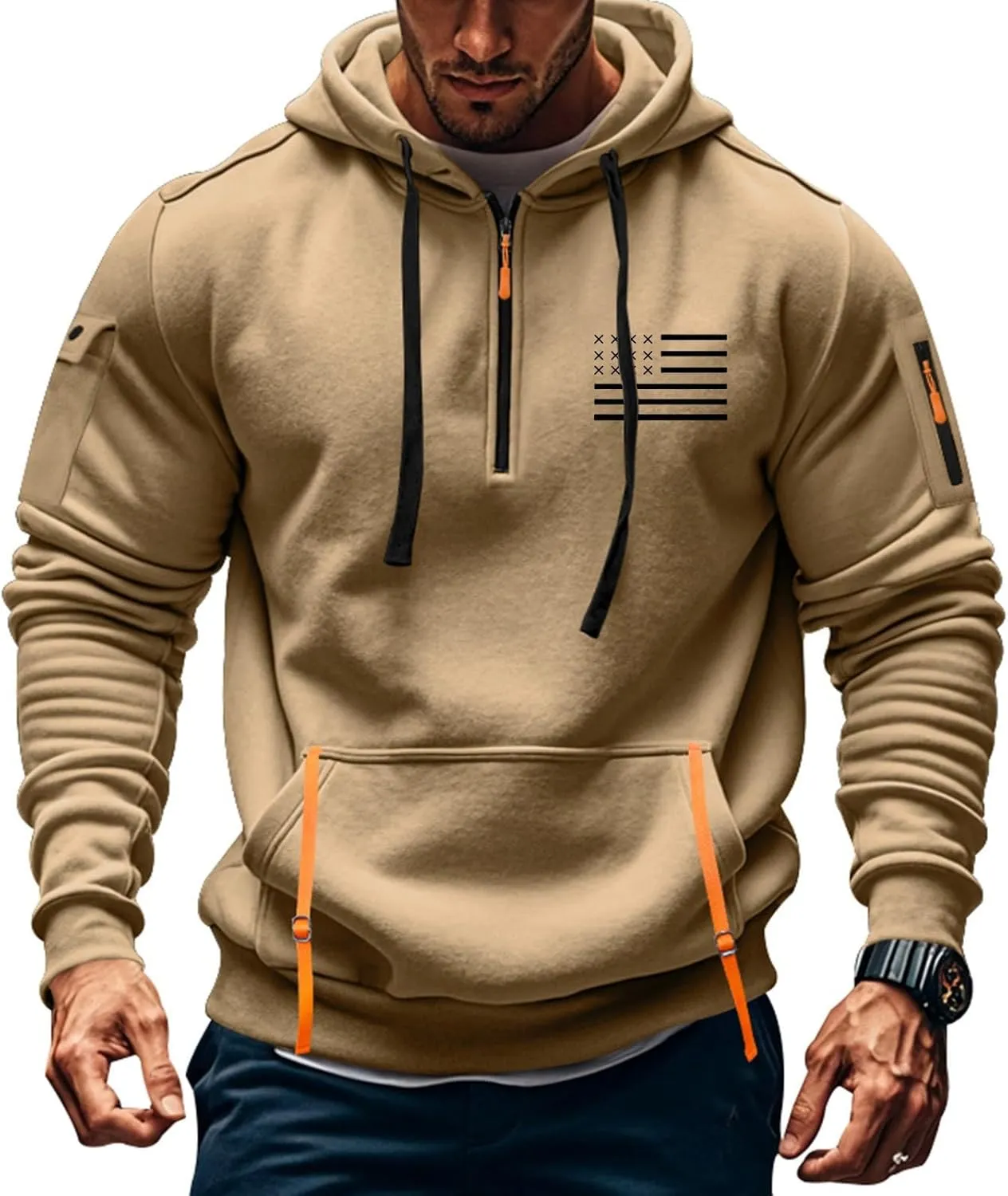 Men'S 1/4 Zip-Up Hoodies With Pockets Featuring A Pullover Design And An American Flag Print Hoodie Top