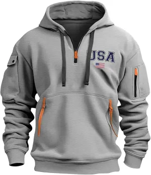 Men'S 1/4 Zip-Up Hoodies With Pockets Featuring A Pullover Design And An American Flag Print Hoodie Top