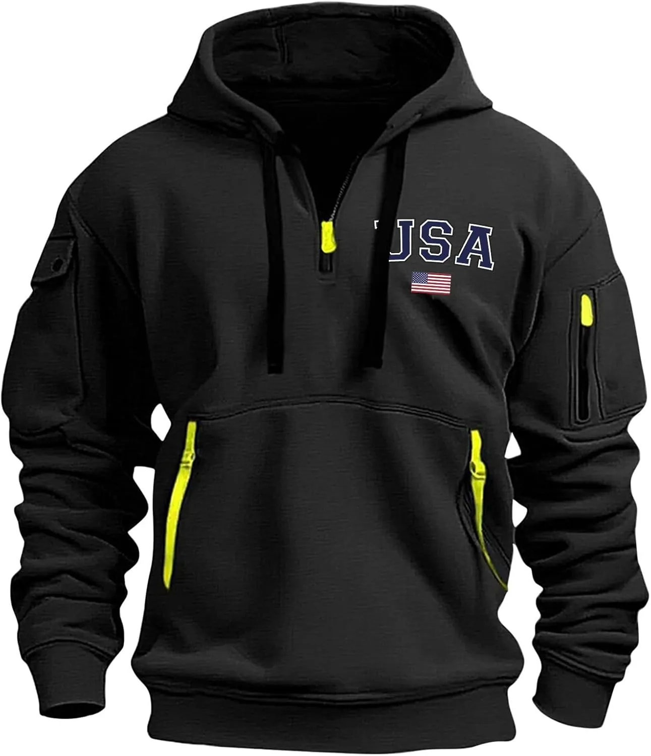 Men'S 1/4 Zip-Up Hoodies With Pockets Featuring A Pullover Design And An American Flag Print Hoodie Top
