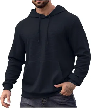 Mens Hooded Sweatshirts Pullover Causal Stylish Solid Long Sleeve Drawstring Gym Hooded Shirt Outdoor Fashion Top Tee