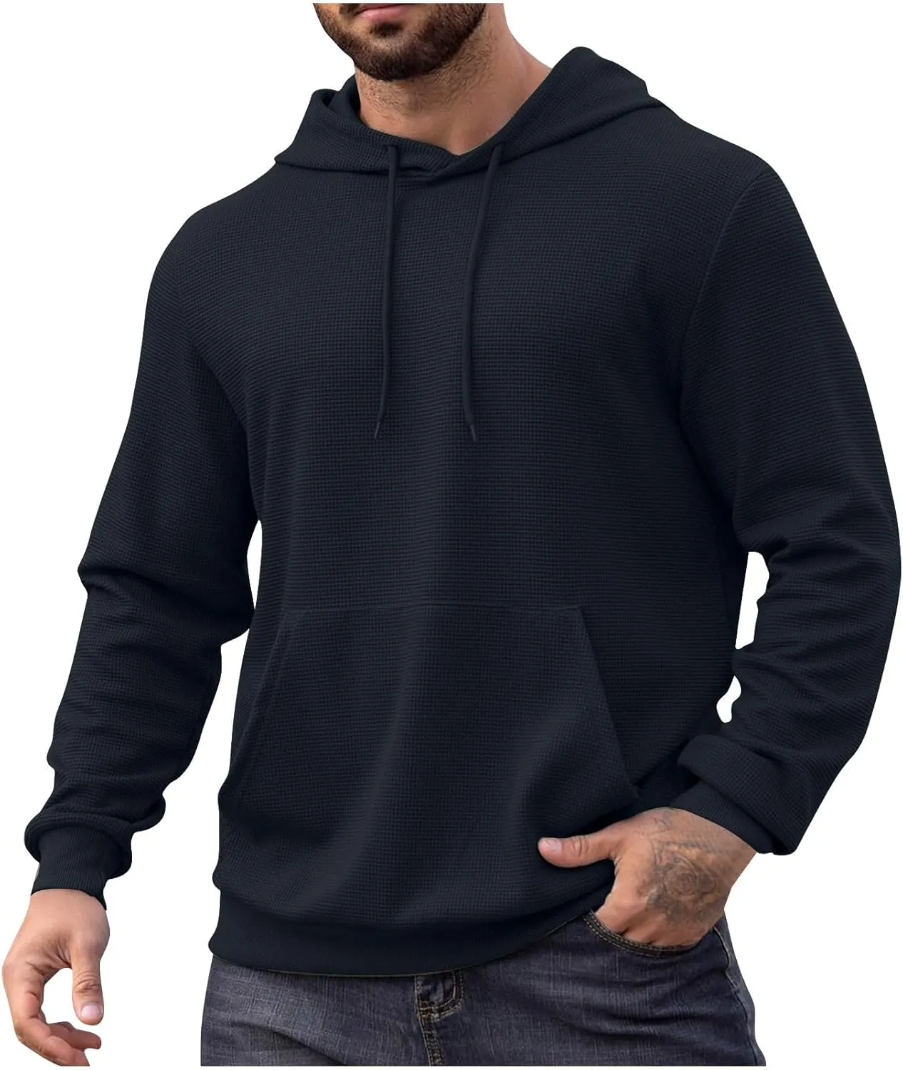 Mens Hooded Sweatshirts Pullover Causal Stylish Solid Long Sleeve Drawstring Gym Hooded Shirt Outdoor Fashion Top Tee