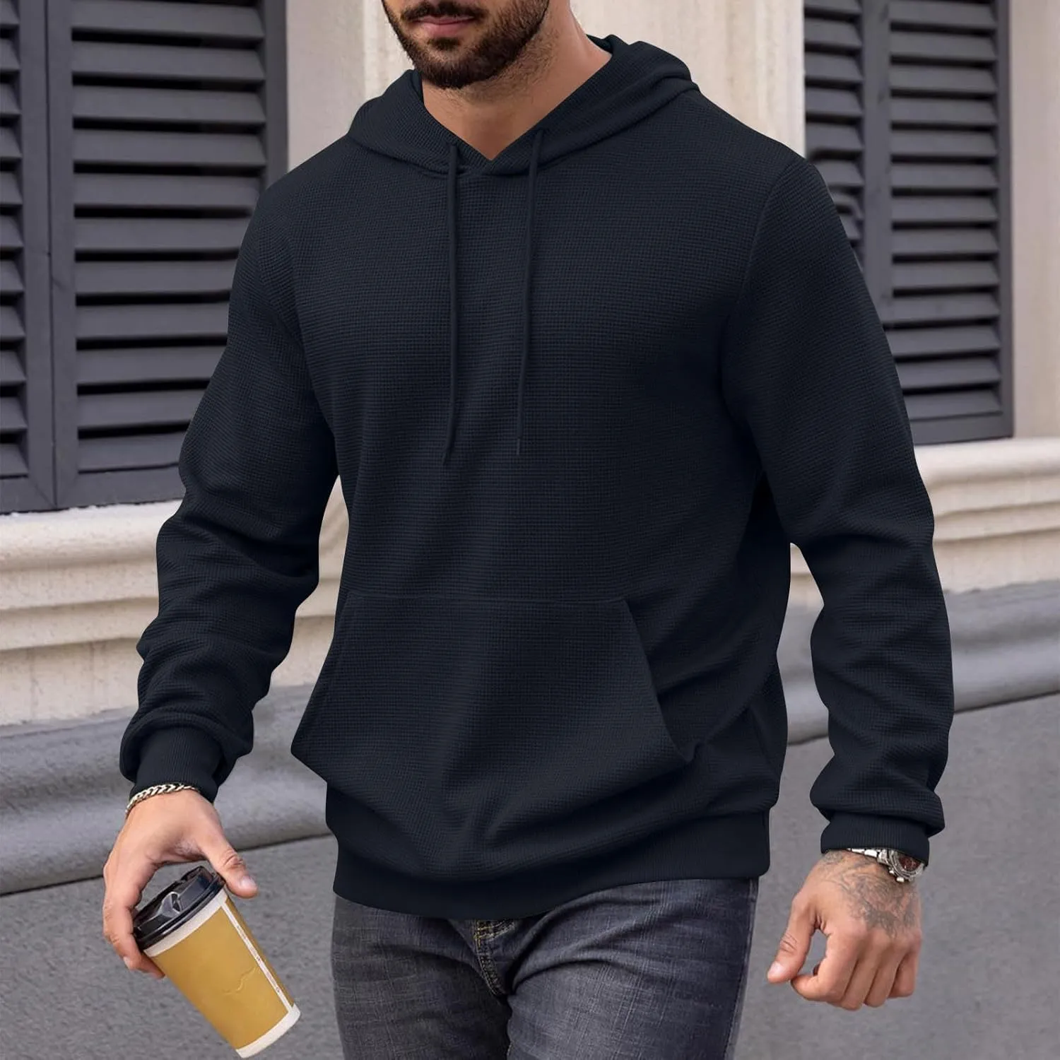 Mens Hooded Sweatshirts Pullover Causal Stylish Solid Long Sleeve Drawstring Gym Hooded Shirt Outdoor Fashion Top Tee