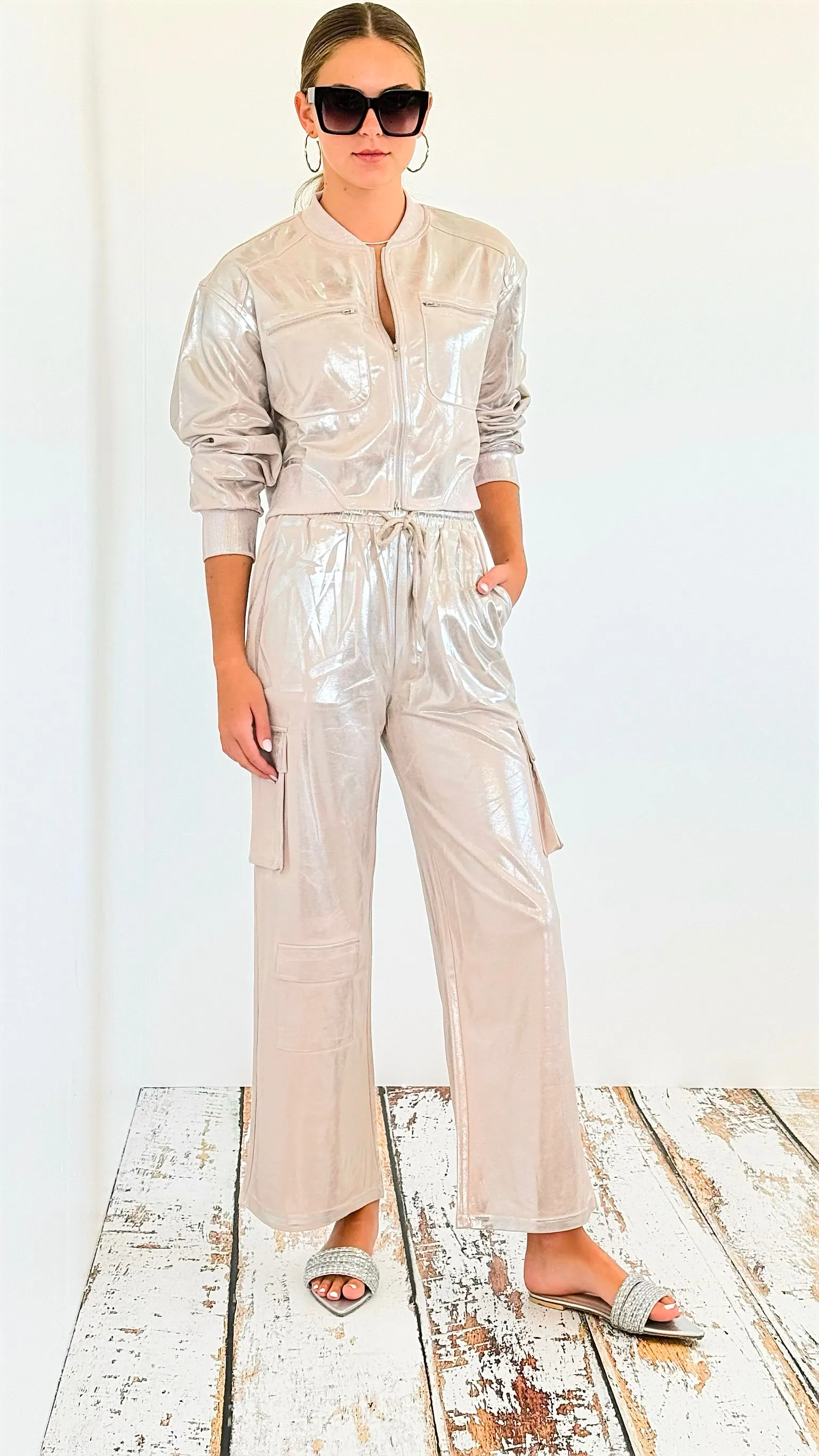 Metallic Cropped Jacket - Beige