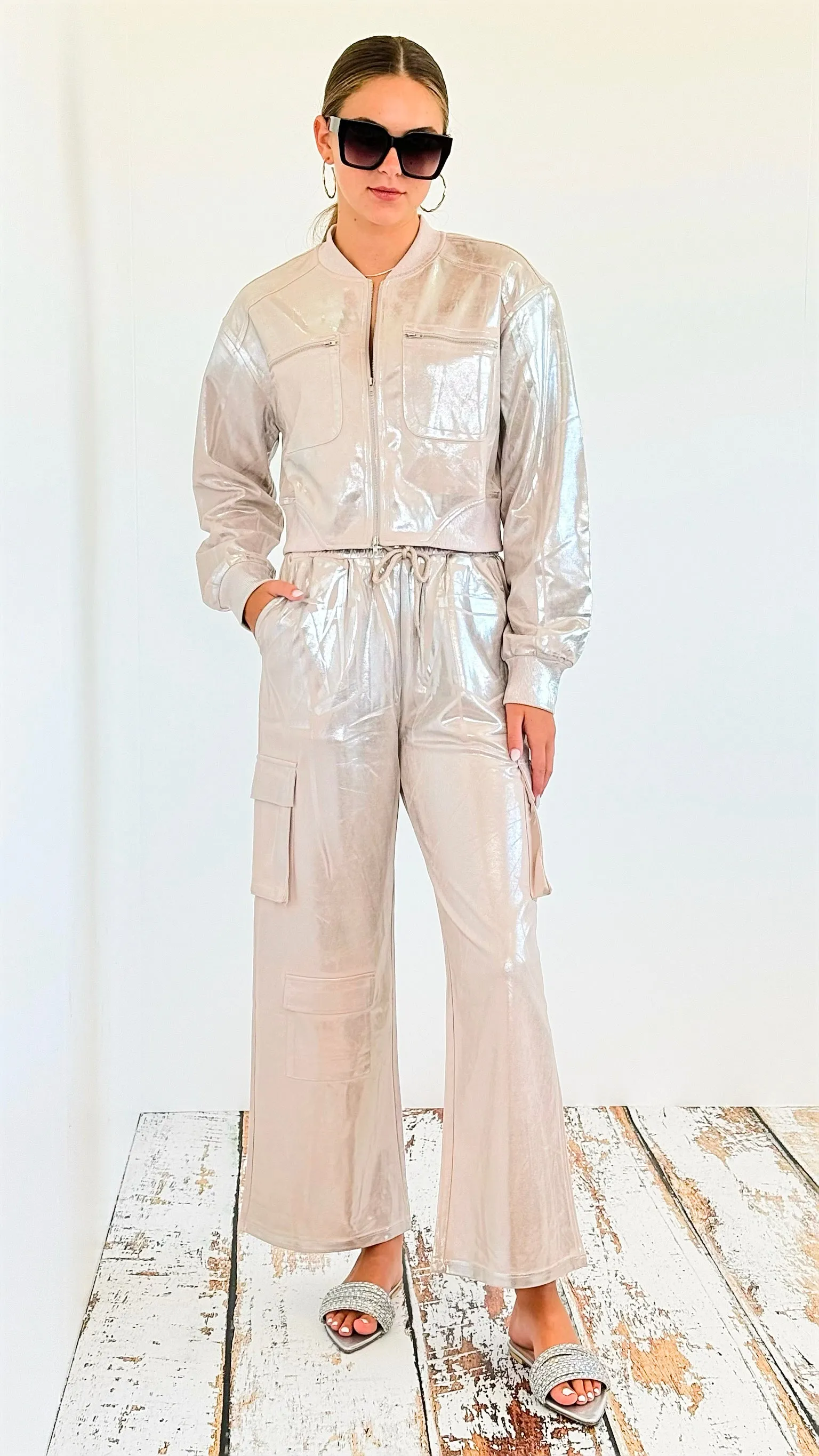 Metallic Cropped Jacket - Beige