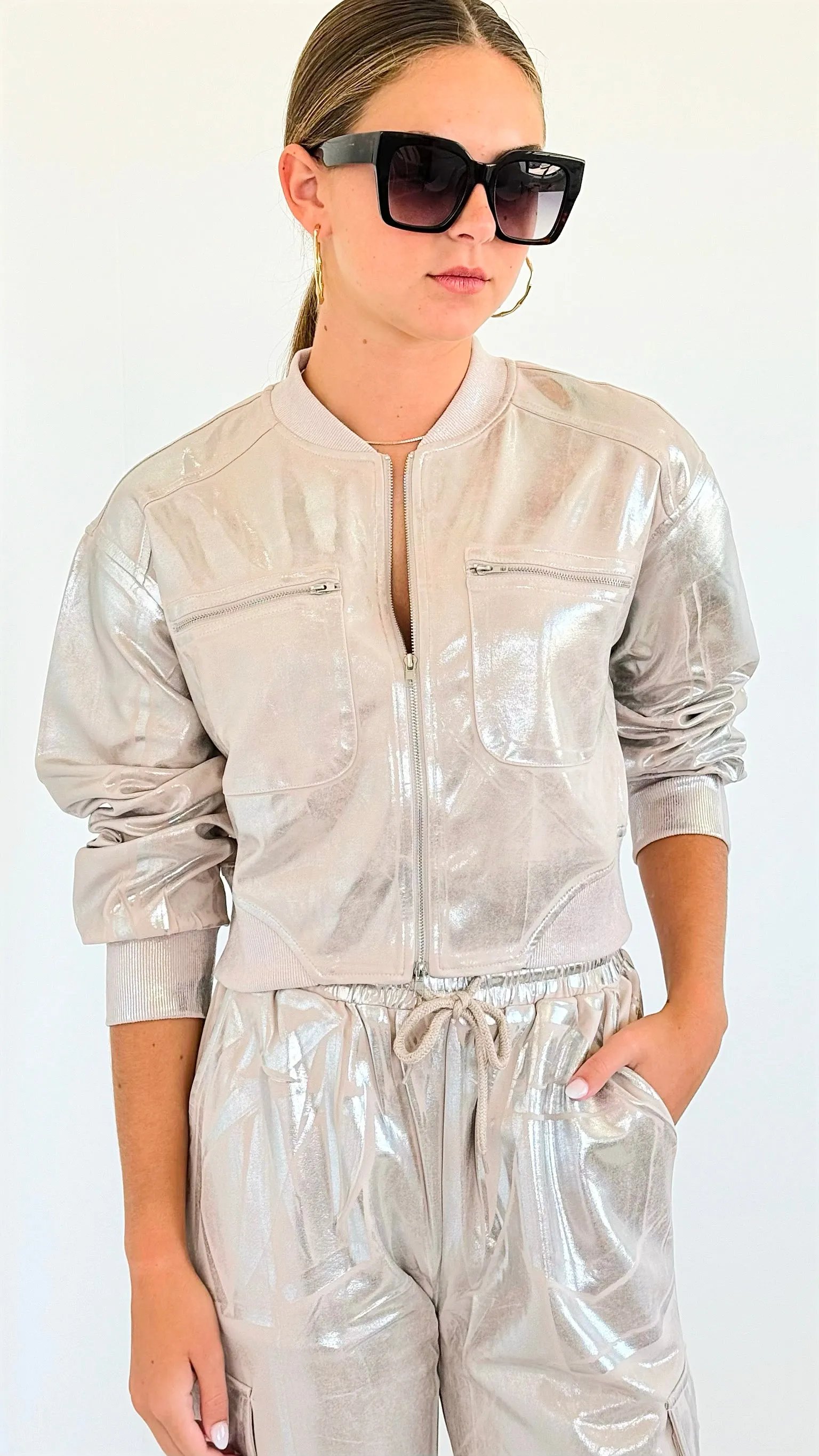 Metallic Cropped Jacket - Beige