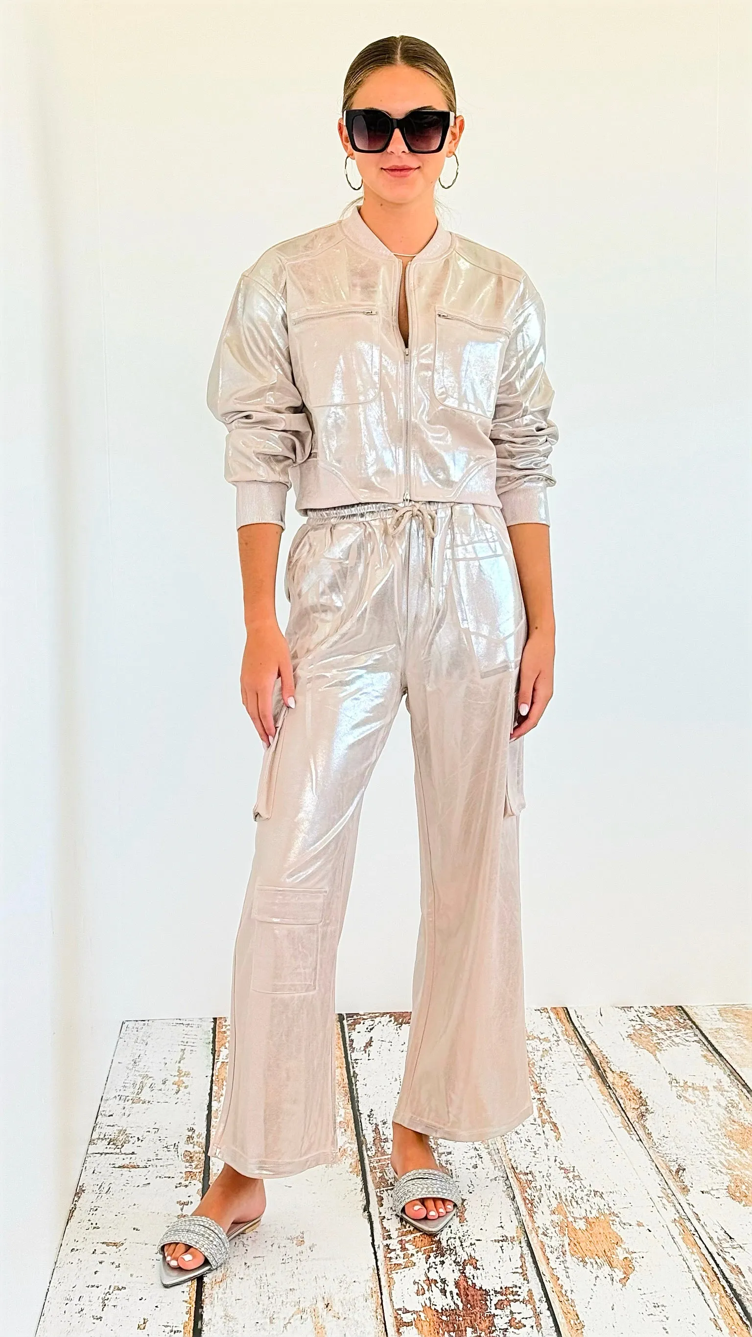 Metallic Cropped Jacket - Beige
