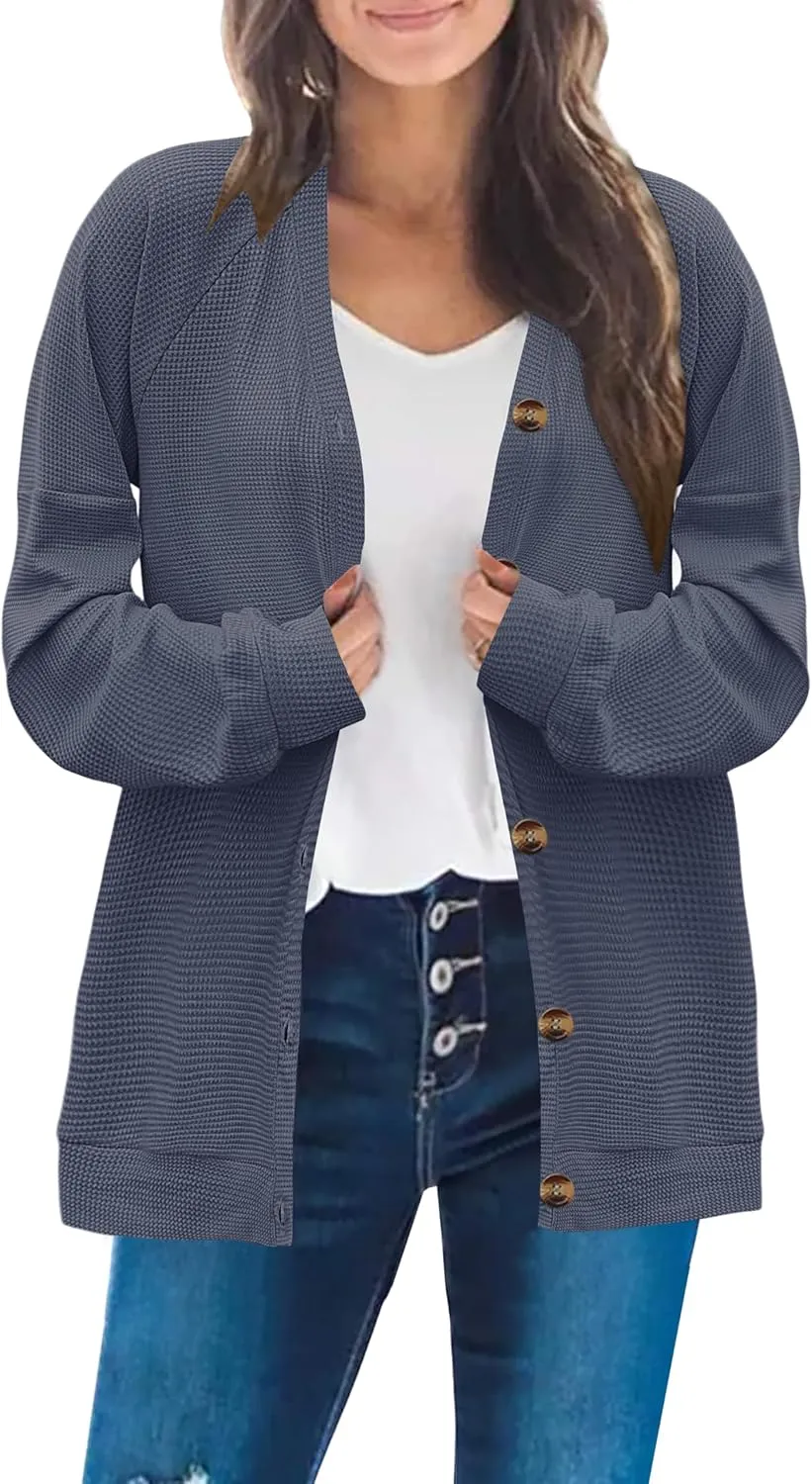MOLERANI Women Cardigan Sweaters V Neck Button Open Front Waffle Knit 2024 Fall Loose Oversized Lightweight Cardigans