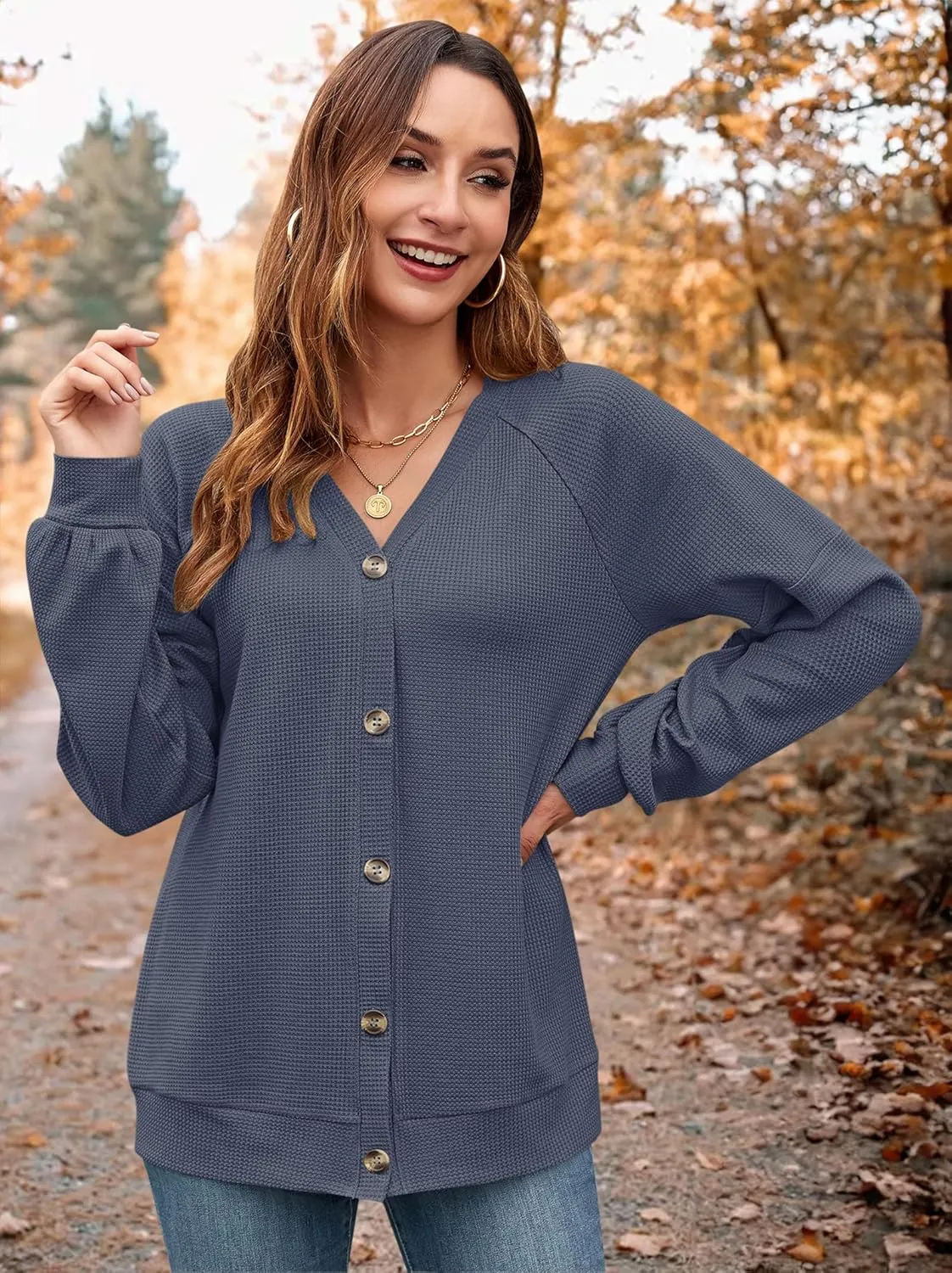 MOLERANI Women Cardigan Sweaters V Neck Button Open Front Waffle Knit 2024 Fall Loose Oversized Lightweight Cardigans
