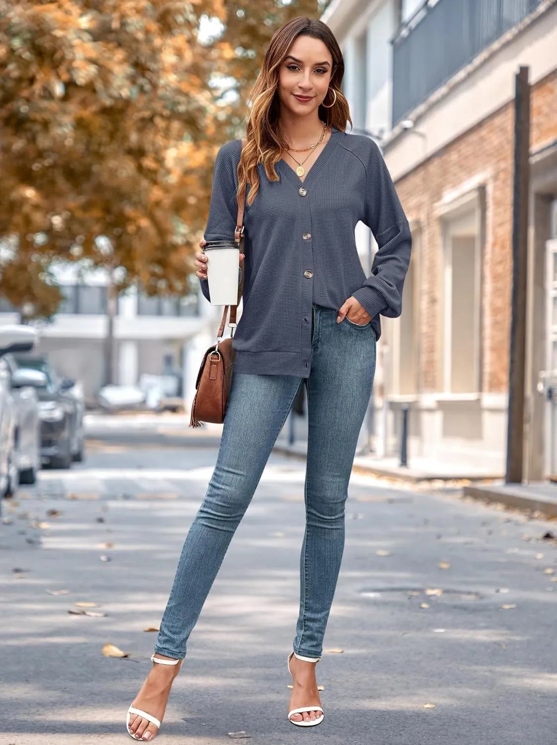 MOLERANI Women Cardigan Sweaters V Neck Button Open Front Waffle Knit 2024 Fall Loose Oversized Lightweight Cardigans
