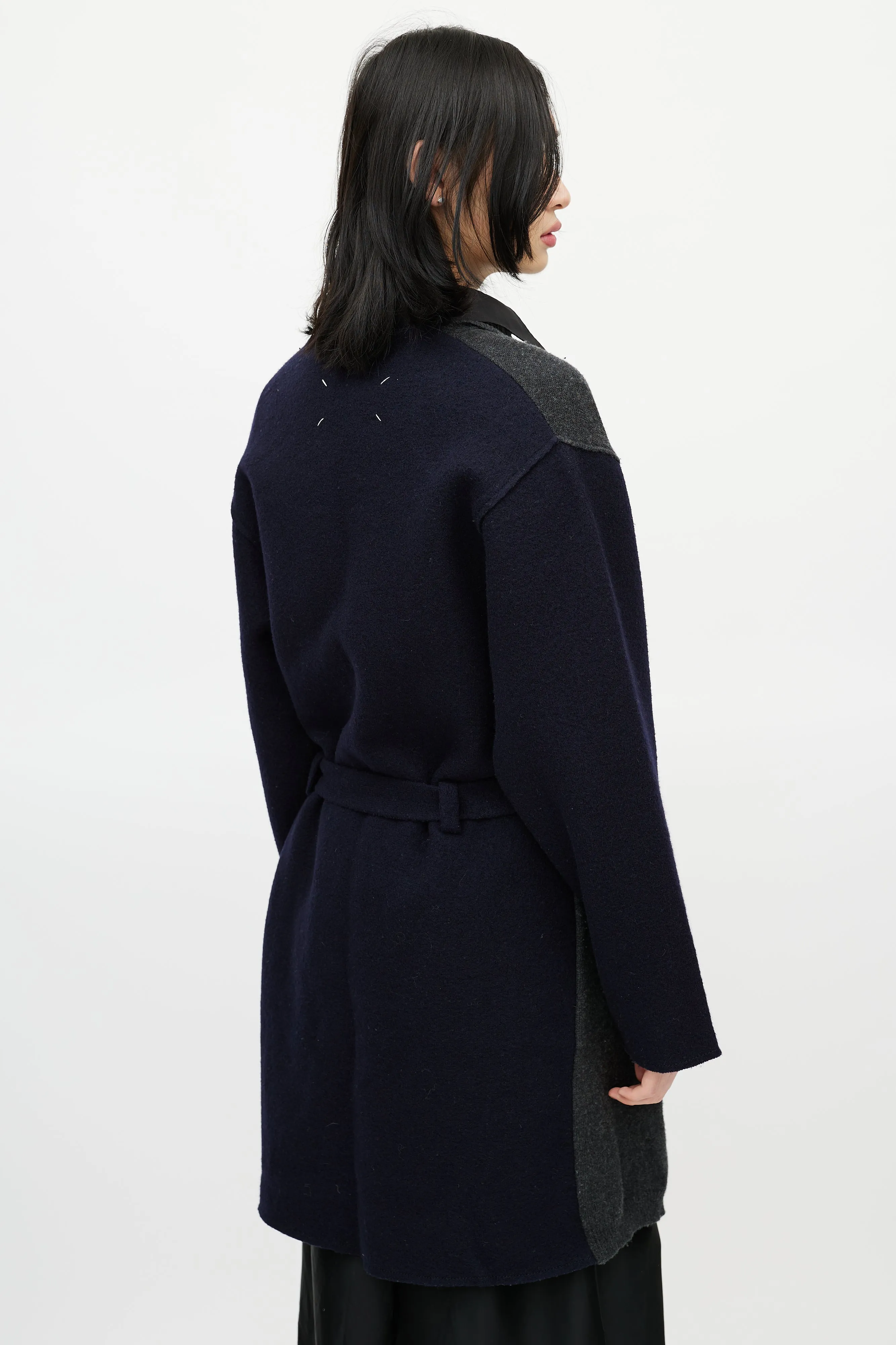 Navy & Grey Wool Belted Cardigan