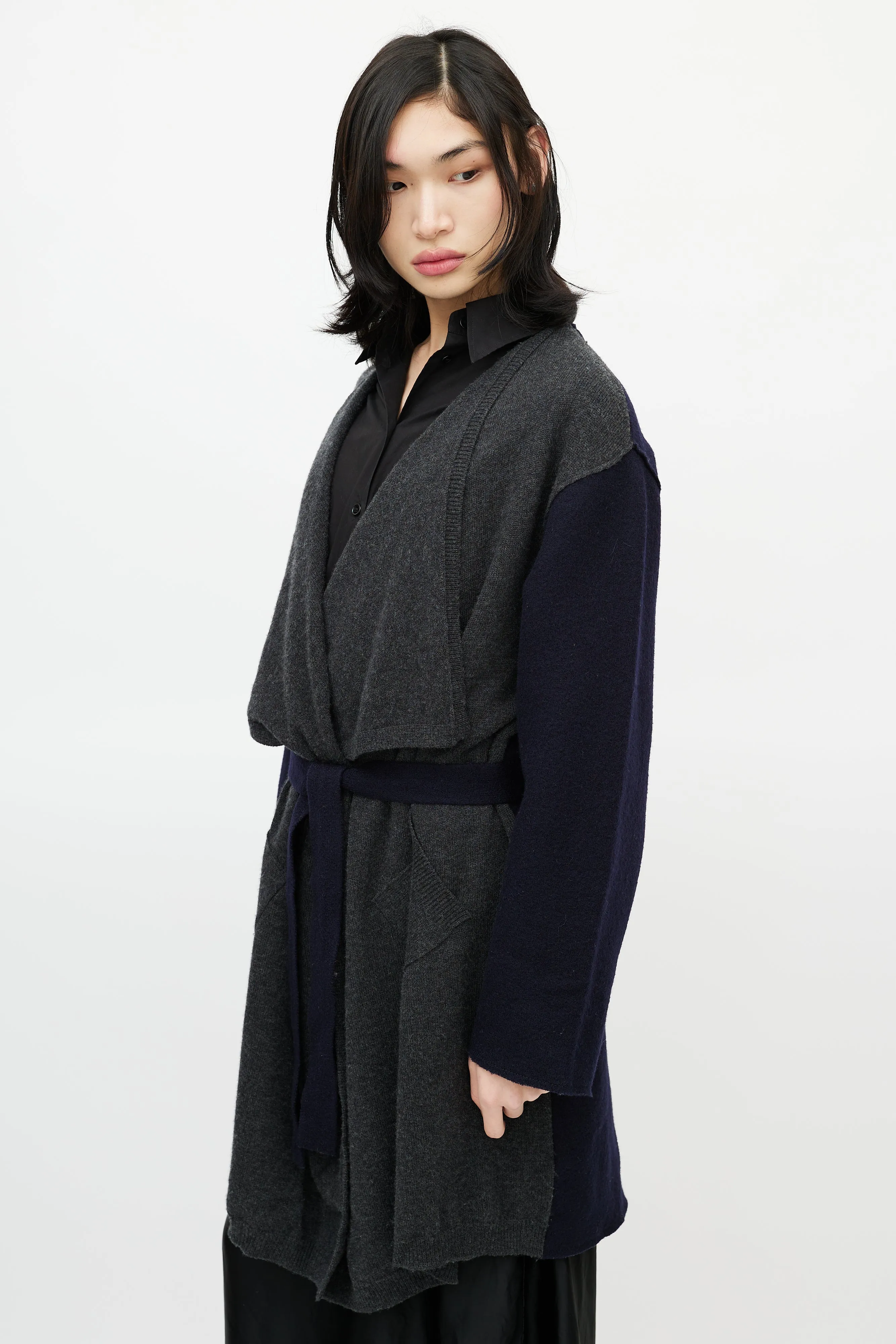 Navy & Grey Wool Belted Cardigan