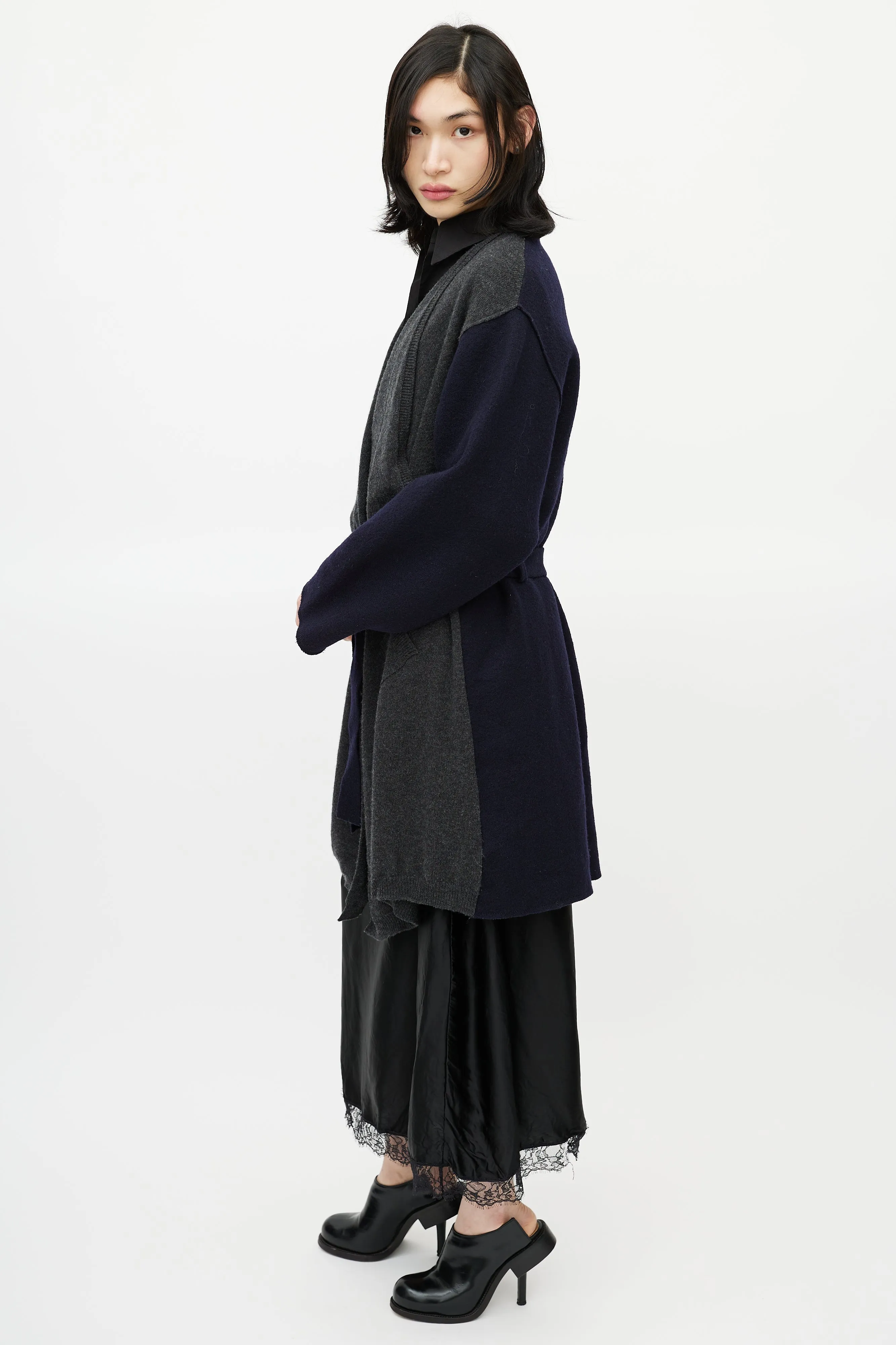 Navy & Grey Wool Belted Cardigan
