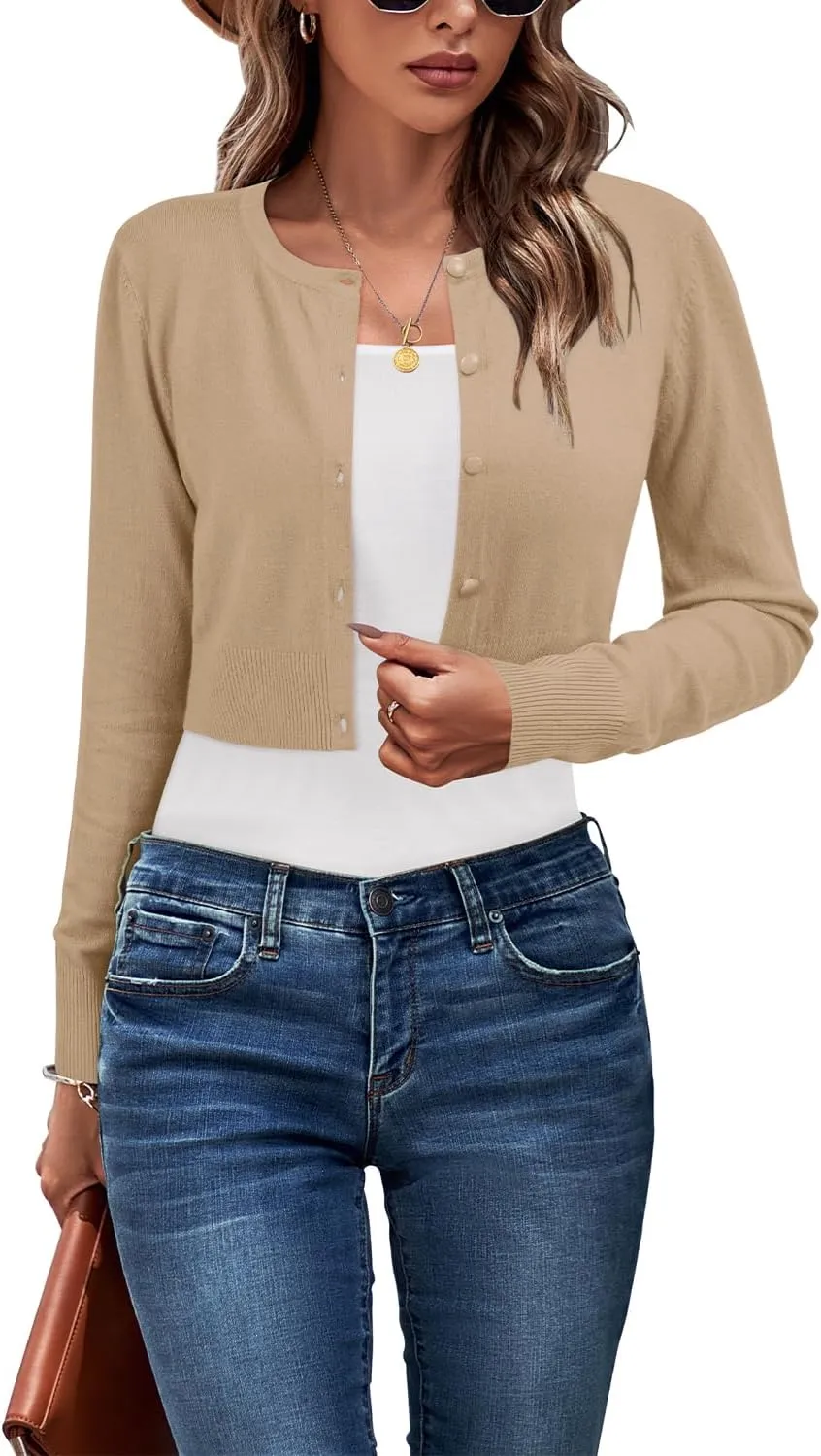 Newshows Cropped Cardigan Sweaters for Women 2025 Crew Neck Button Down Open Front Knit Bolero Shrugs