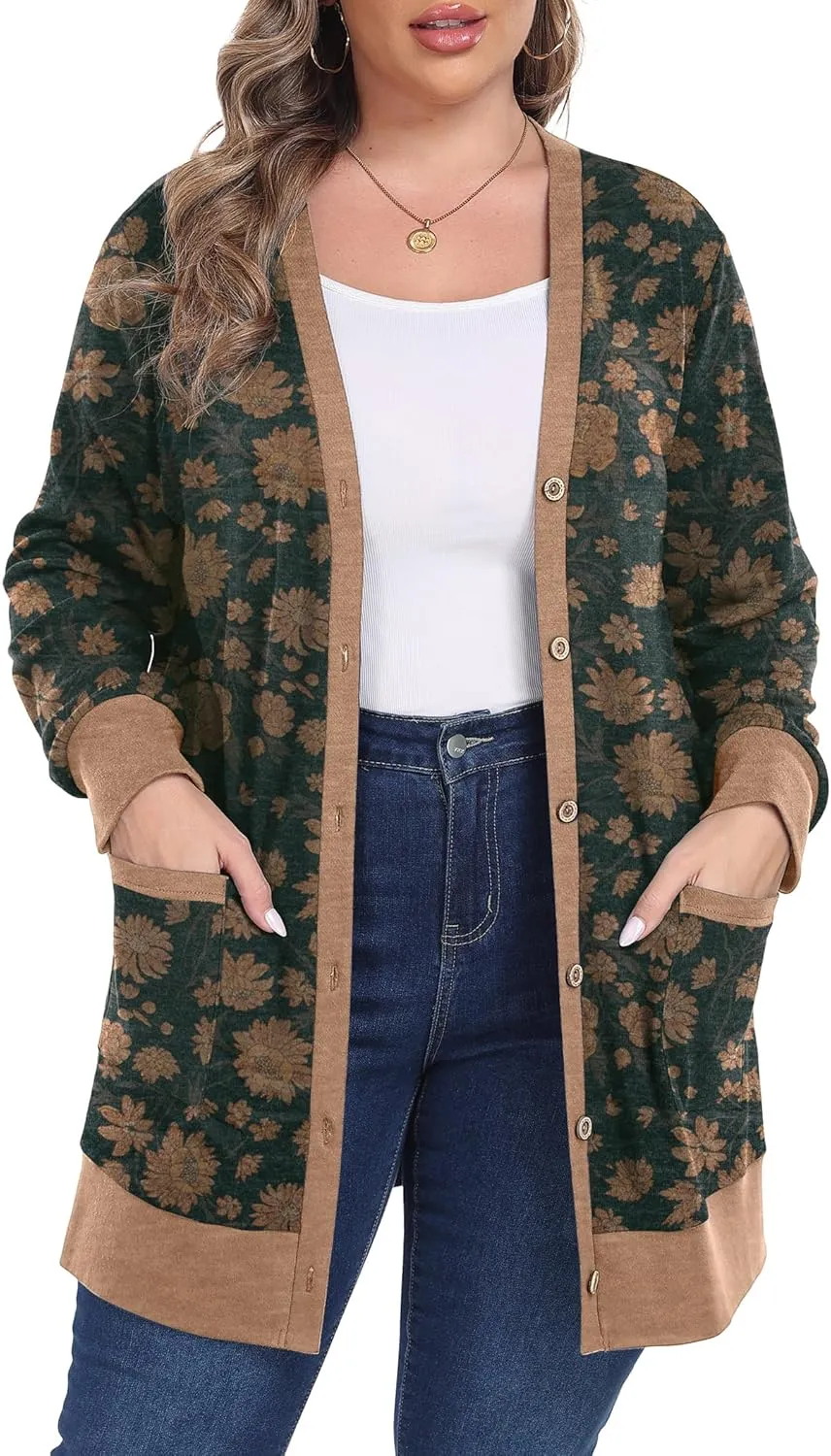 OLRIK Plus Size Sweater for Women Lightweight Long Sleeve Buttons Down Cardigans Casual Jacket Coat with Pockets