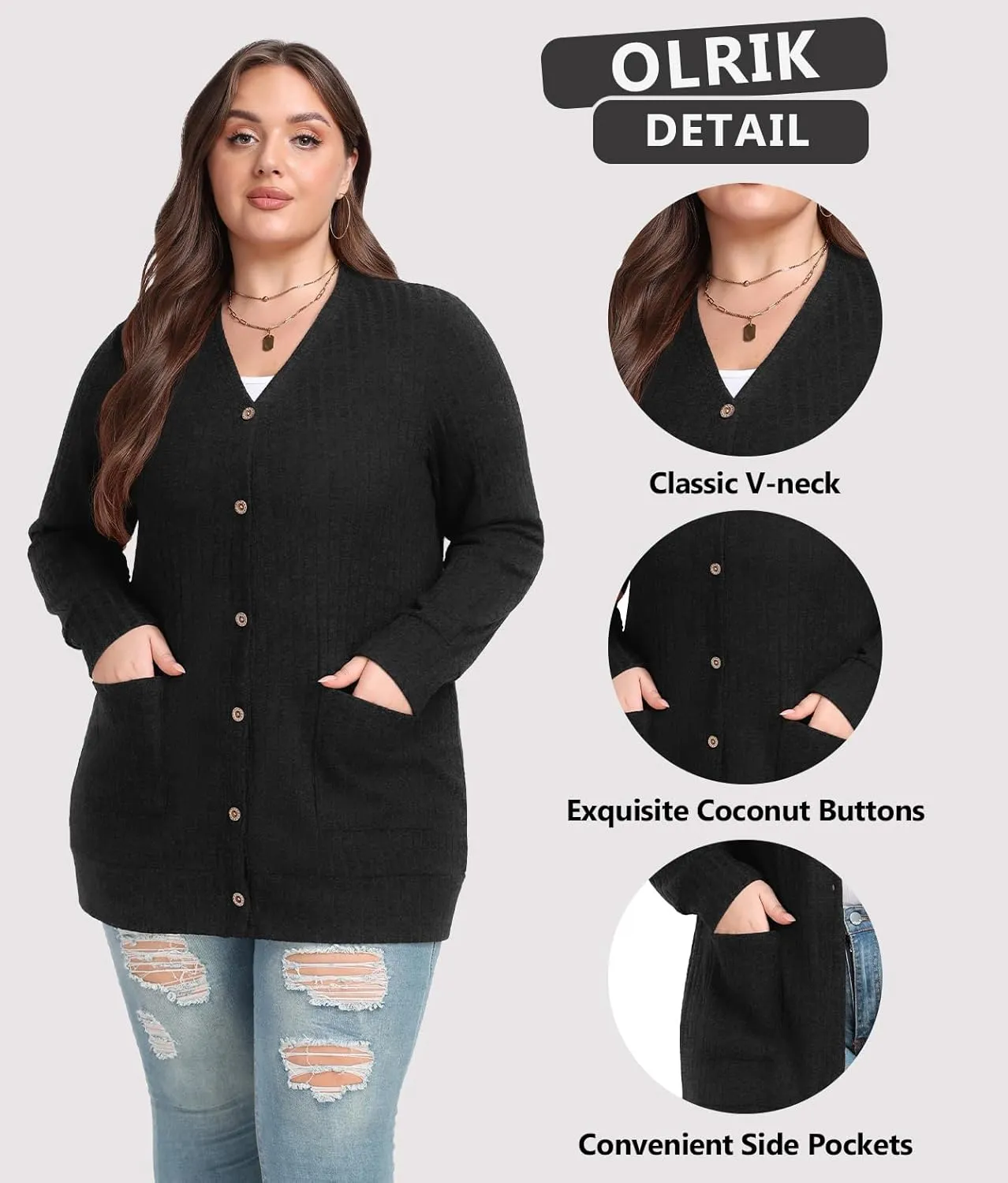 OLRIK Plus Size Sweater for Women Lightweight Long Sleeve Buttons Down Cardigans Casual Jacket Coat with Pockets