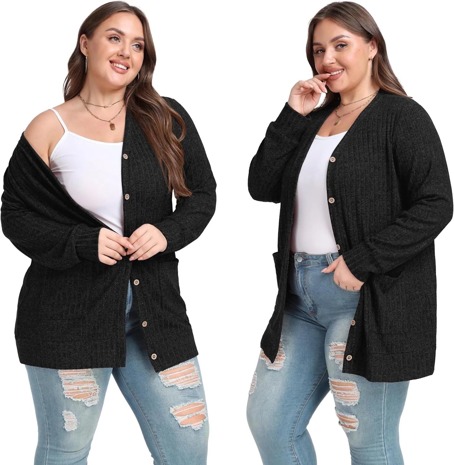 OLRIK Plus Size Sweater for Women Lightweight Long Sleeve Buttons Down Cardigans Casual Jacket Coat with Pockets