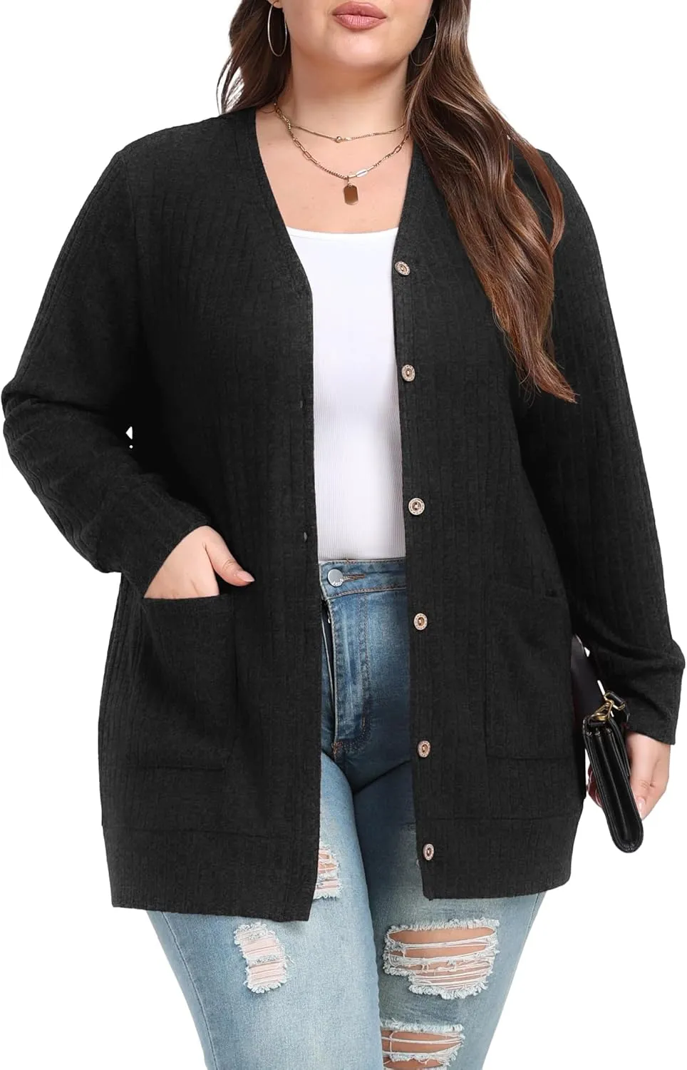 OLRIK Plus Size Sweater for Women Lightweight Long Sleeve Buttons Down Cardigans Casual Jacket Coat with Pockets