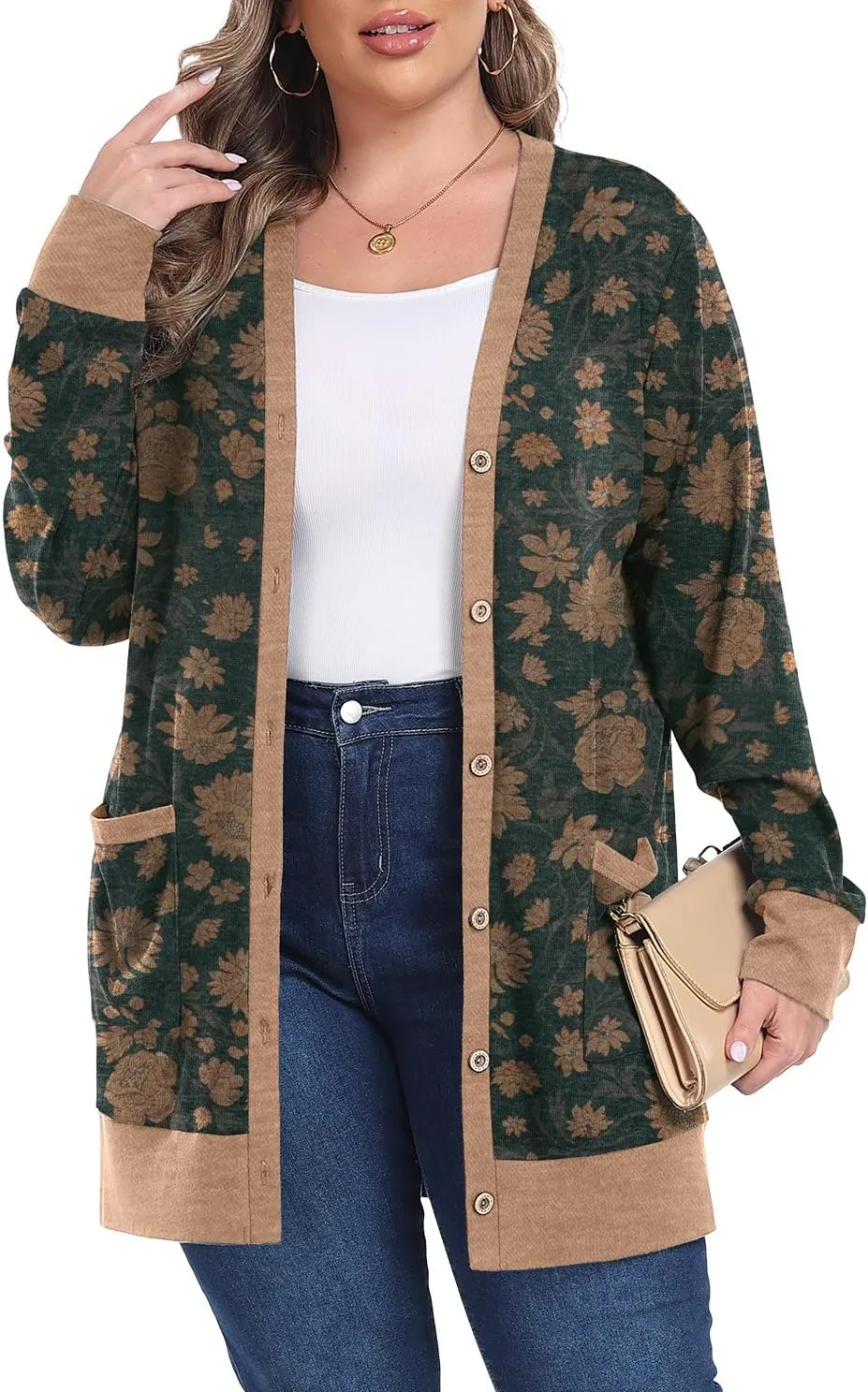 OLRIK Plus Size Sweater for Women Lightweight Long Sleeve Buttons Down Cardigans Casual Jacket Coat with Pockets