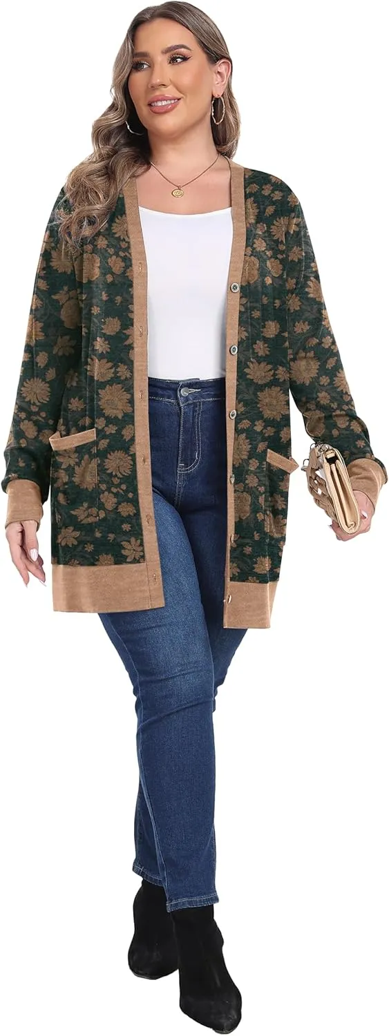 OLRIK Plus Size Sweater for Women Lightweight Long Sleeve Buttons Down Cardigans Casual Jacket Coat with Pockets