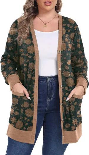 OLRIK Plus Size Sweater for Women Lightweight Long Sleeve Buttons Down Cardigans Casual Jacket Coat with Pockets